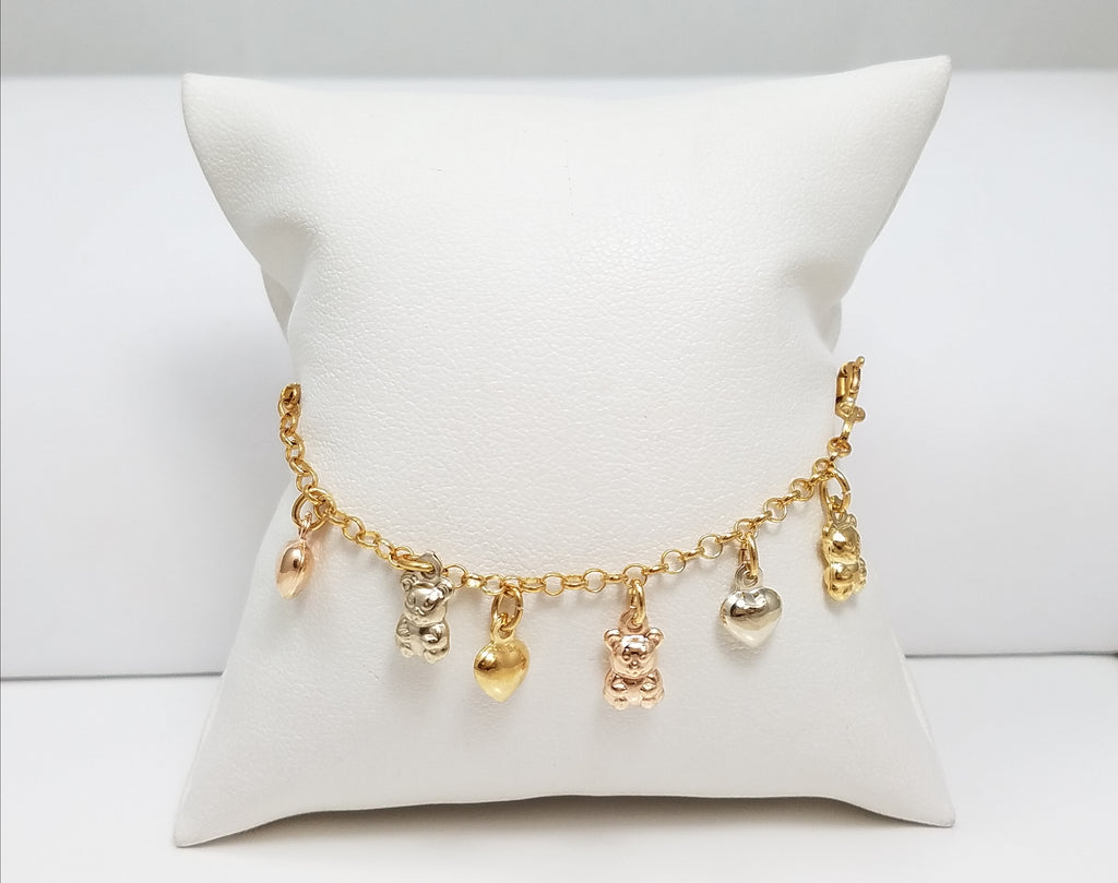 Precious 18k Tri Color Gold Teddy Bear Heart Charm Custom Bracelet