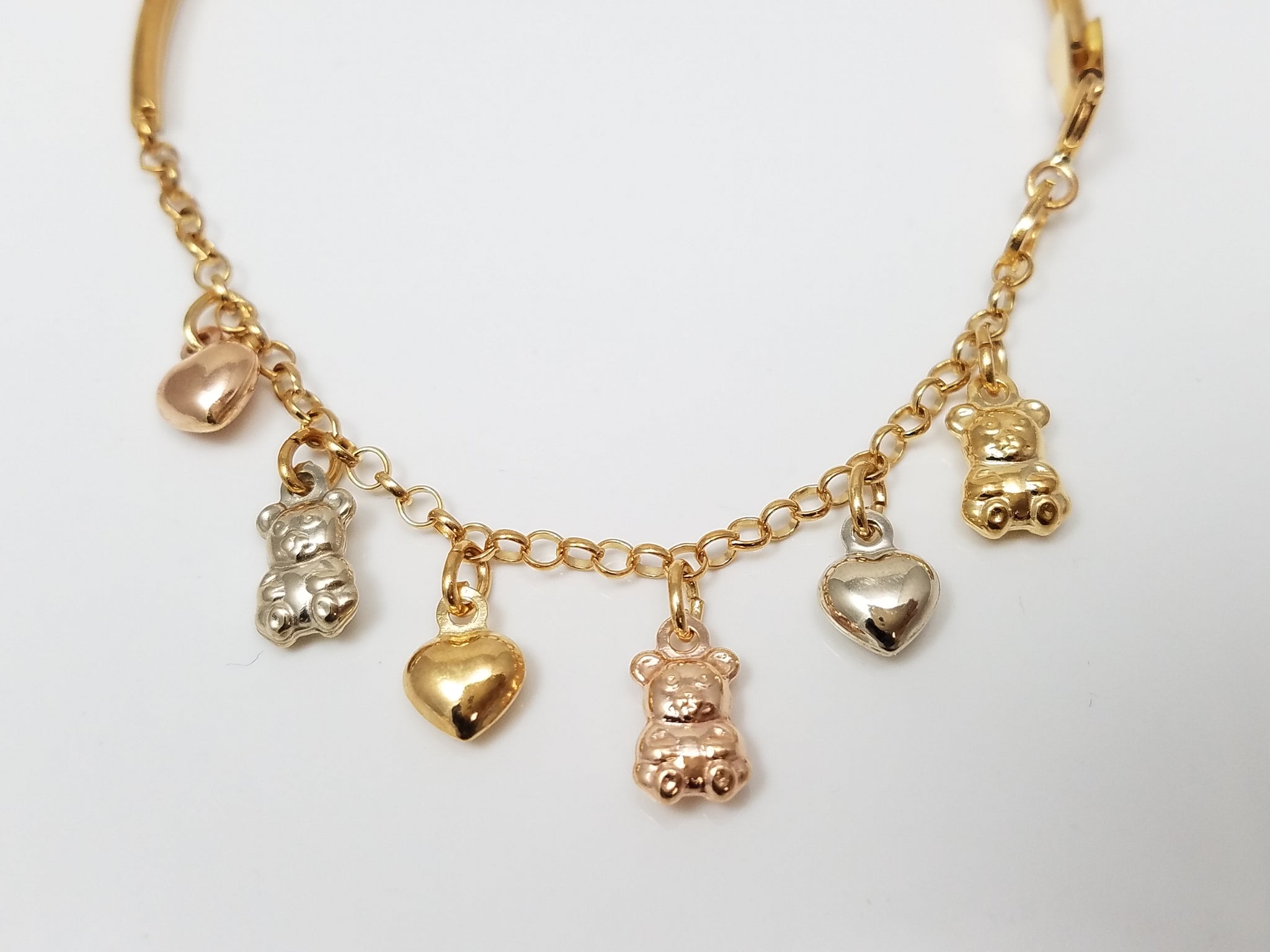 Precious 18k Tri Color Gold Teddy Bear Heart Charm Custom Bracelet