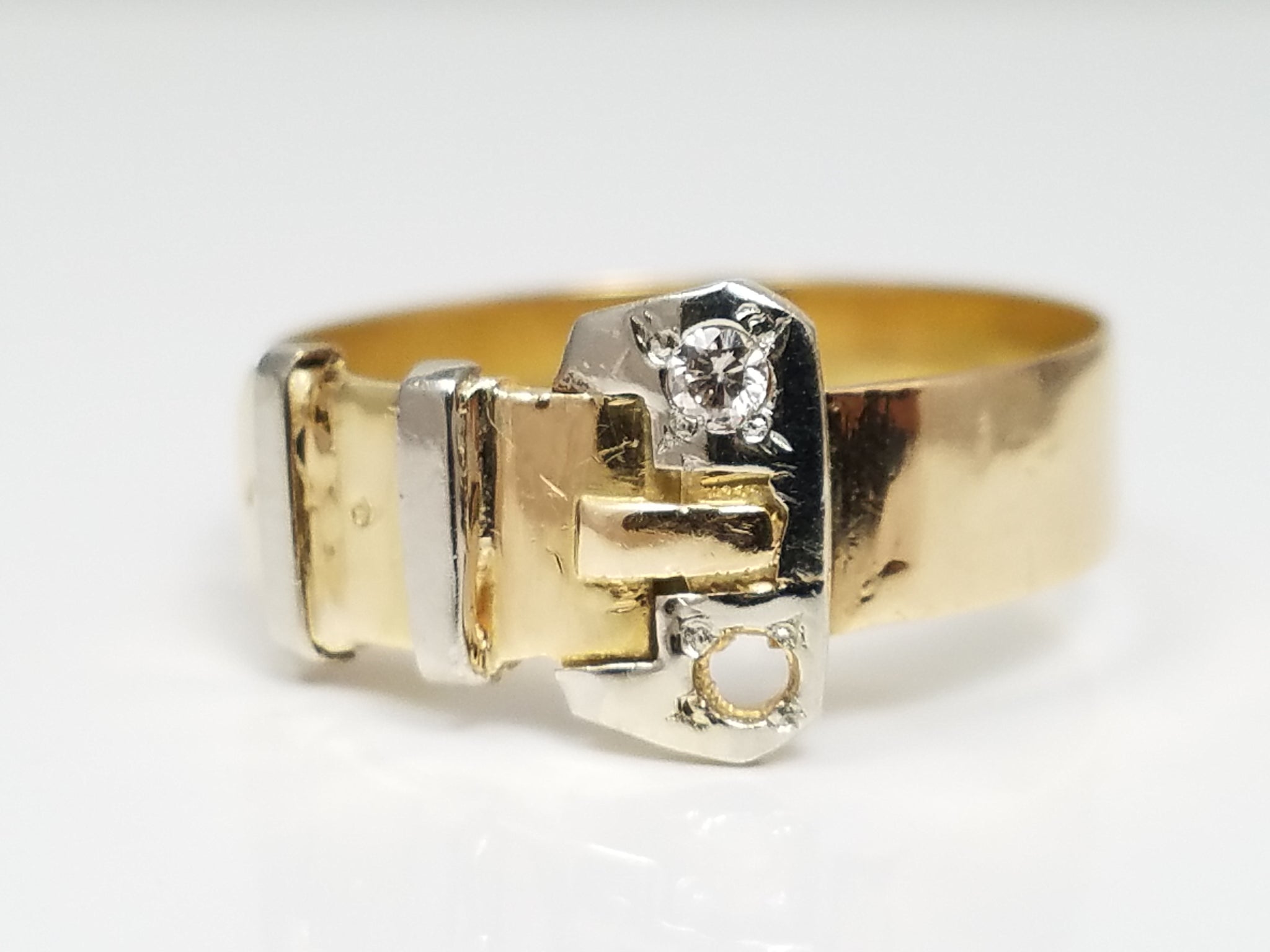 Chic Vintage Hand Made 18k Two Tone Gold Natural Diamond Buckle Ring
