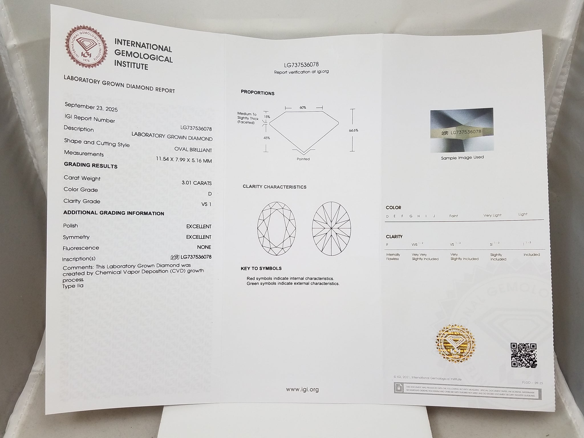 New IGI Certified Lab Grown 3.01ct Oval Brilliant Cut Diamond VS1-D