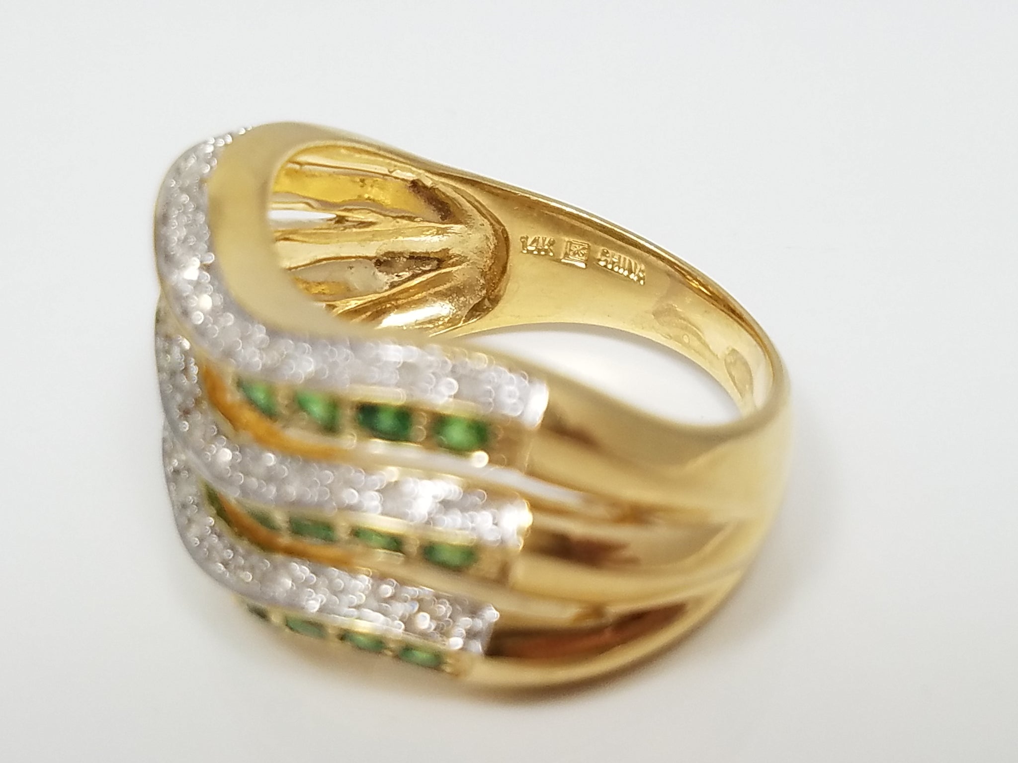 Tsavorite Garnet Natural Diamond 14k Yellow Gold Wave Ring