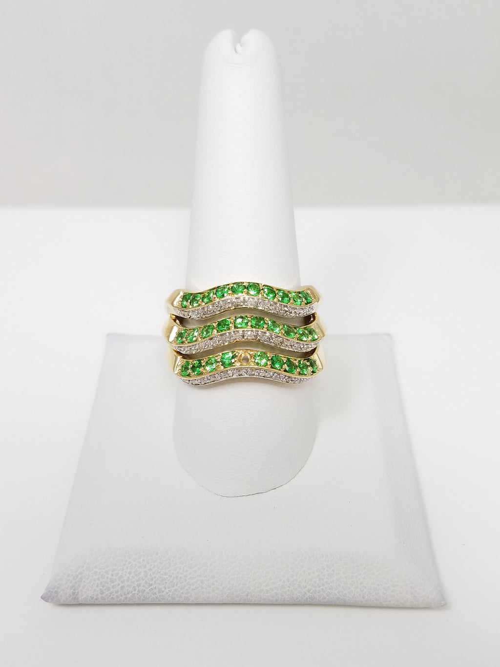 Tsavorite Garnet Natural Diamond 14k Yellow Gold Wave Ring
