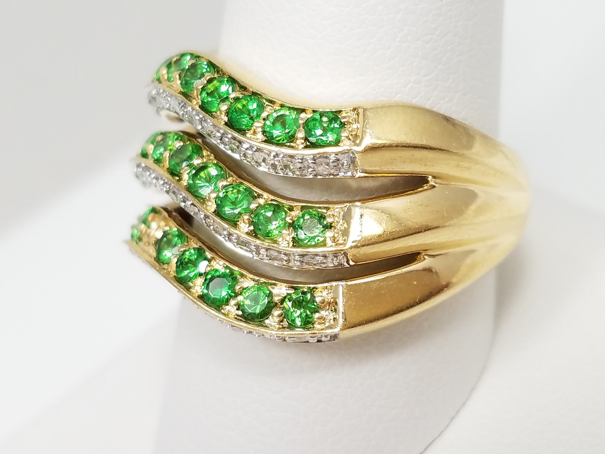 Tsavorite Garnet Natural Diamond 14k Yellow Gold Wave Ring
