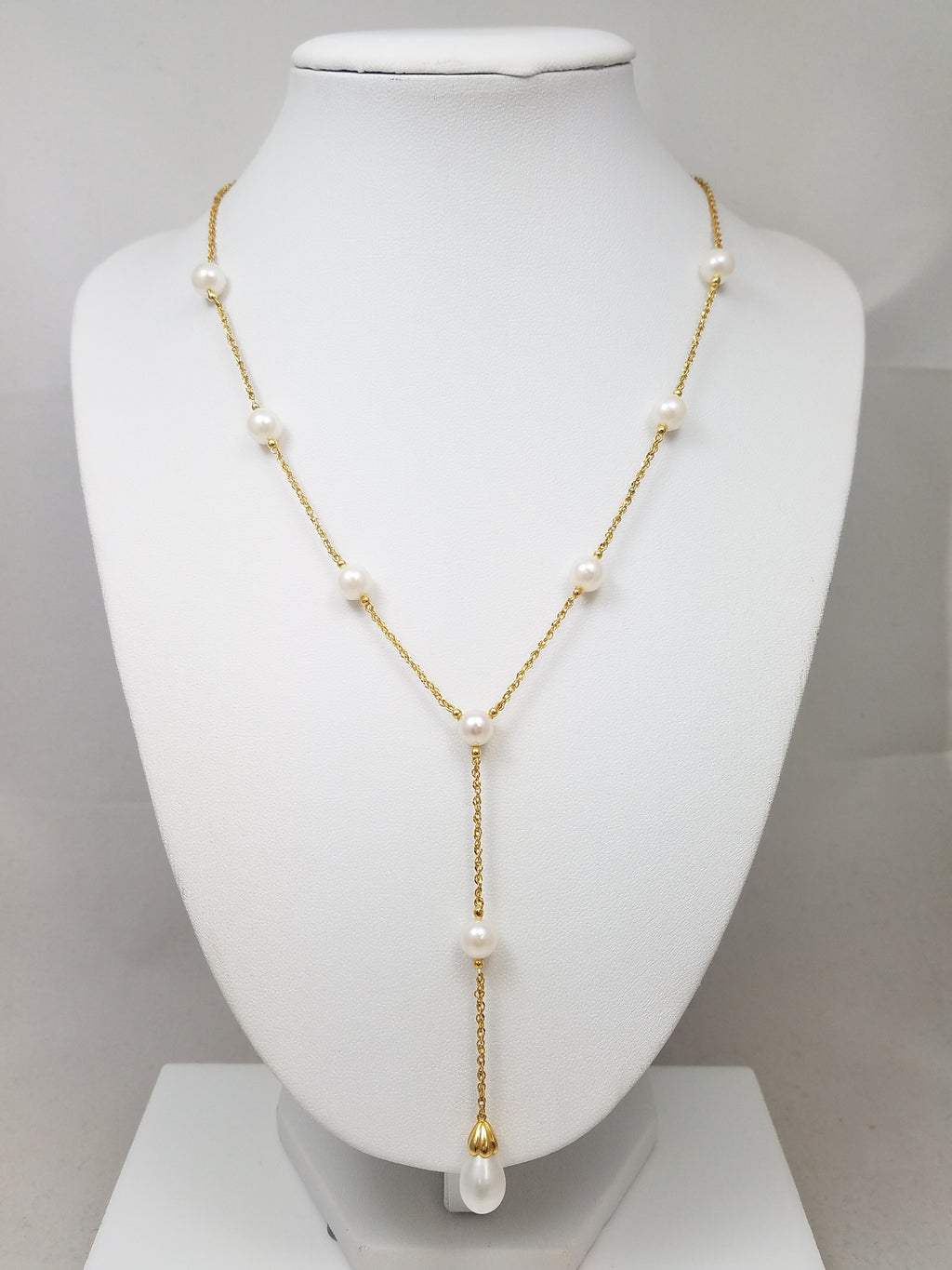 14k Yellow Gold Dangling Cultured Pearl Station Necklace