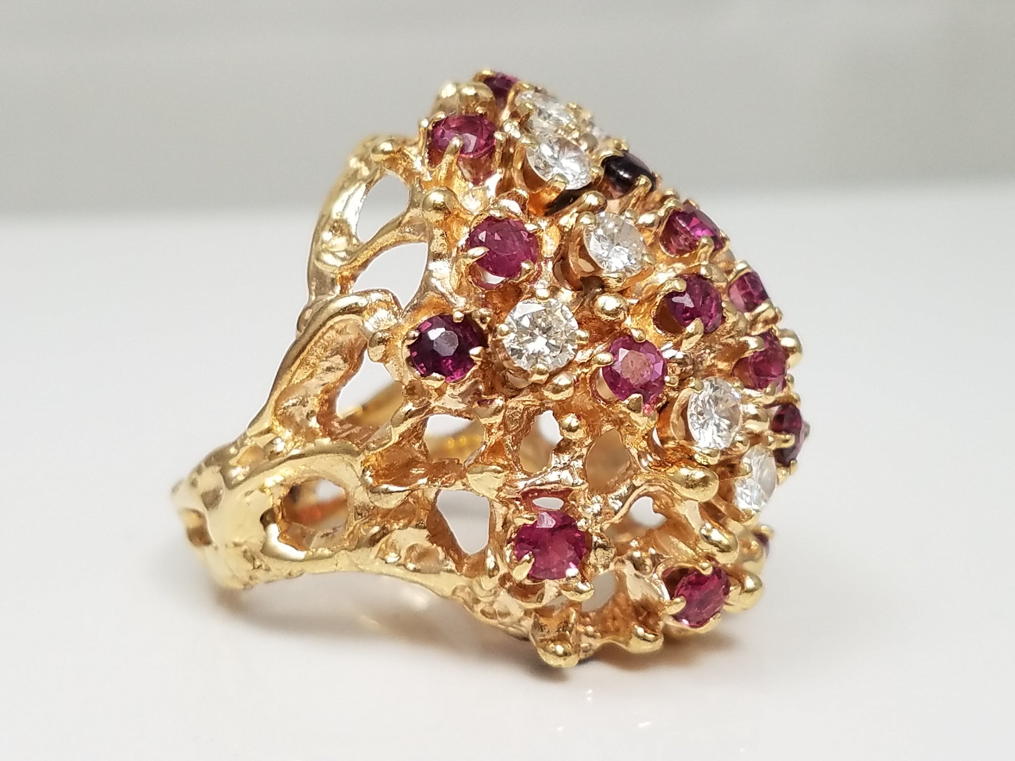 Extravagant 14k Yellow Gold Natural Ruby Diamond Cluster Ring