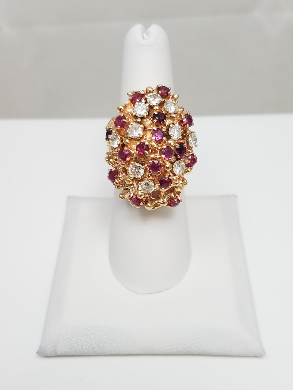 Extravagant 14k Yellow Gold Natural Ruby Diamond Cluster Ring