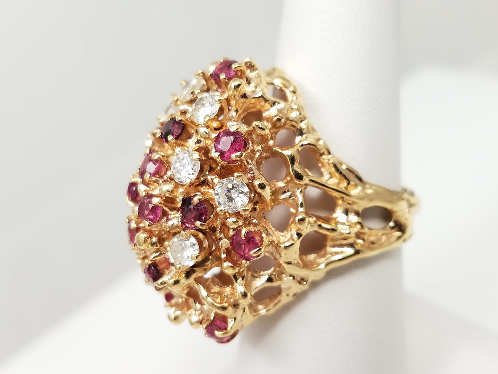 Extravagant 14k Yellow Gold Natural Ruby Diamond Cluster Ring