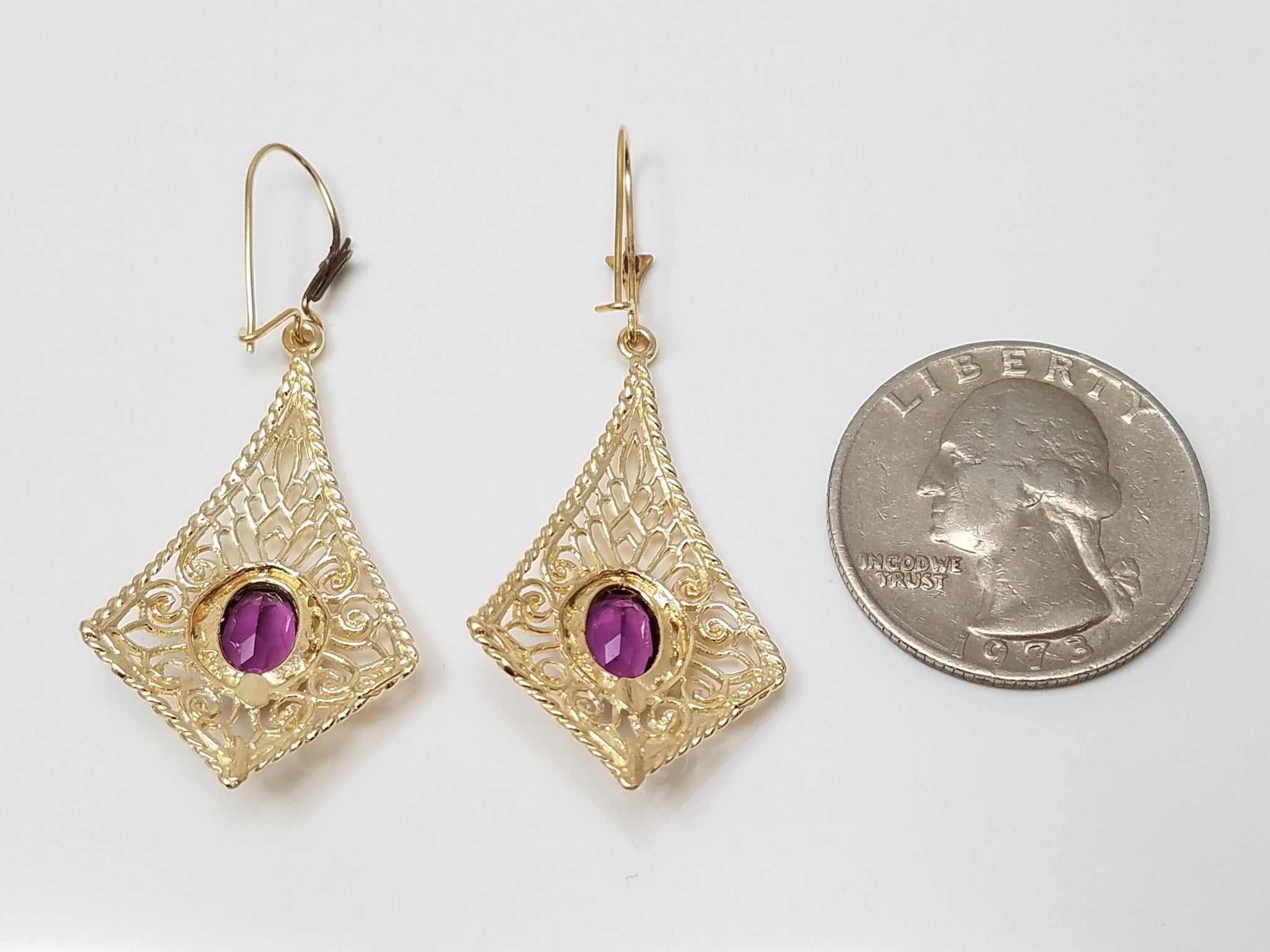 14k Yellow Gold Filigree Natural Amethyst Dangle Earrings