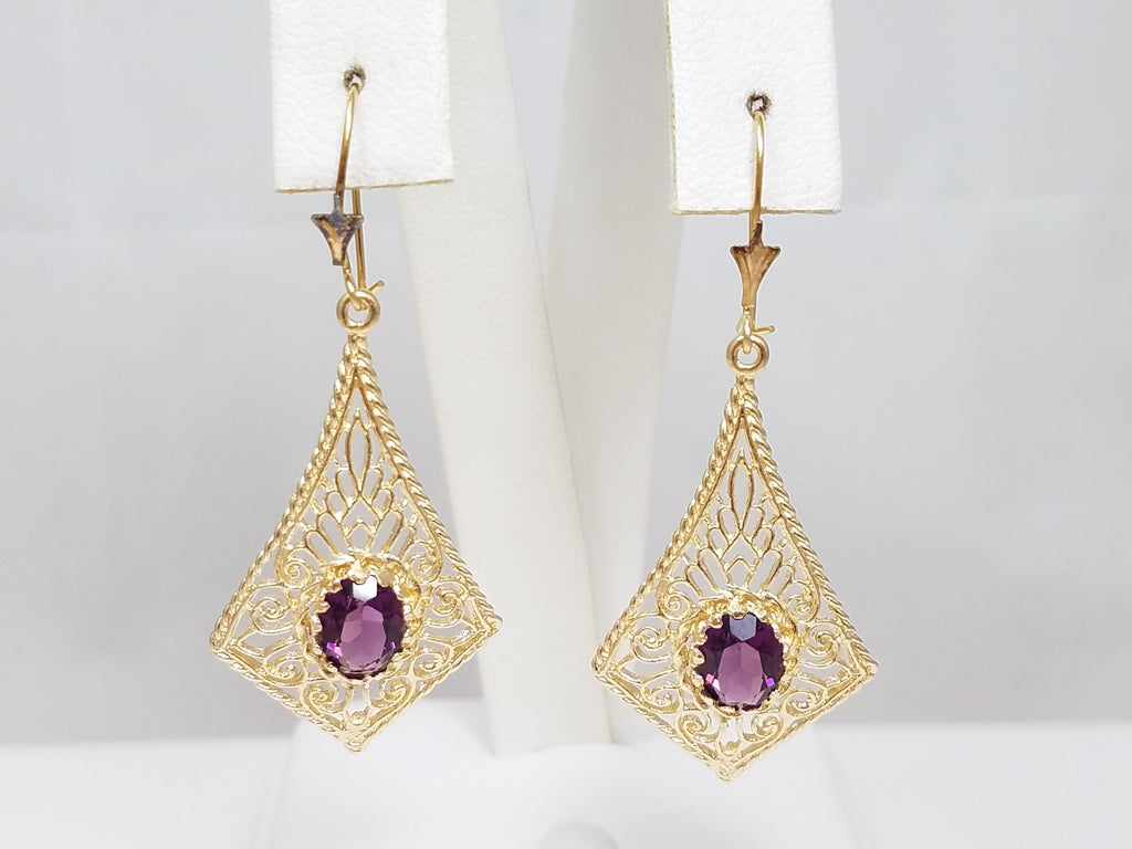 14k Yellow Gold Filigree Natural Amethyst Dangle Earrings