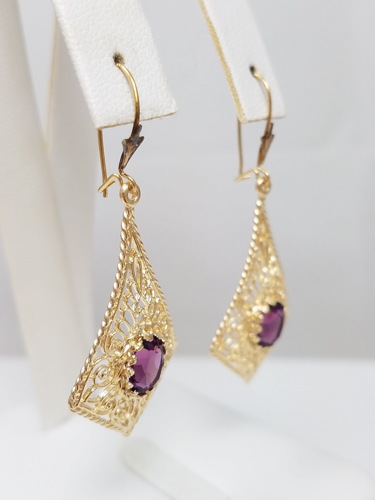 14k Yellow Gold Filigree Natural Amethyst Dangle Earrings