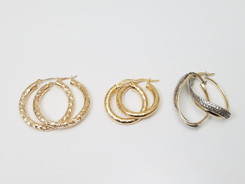 3 Pairs 10k Gold Textured Hollow Hoop Earrings