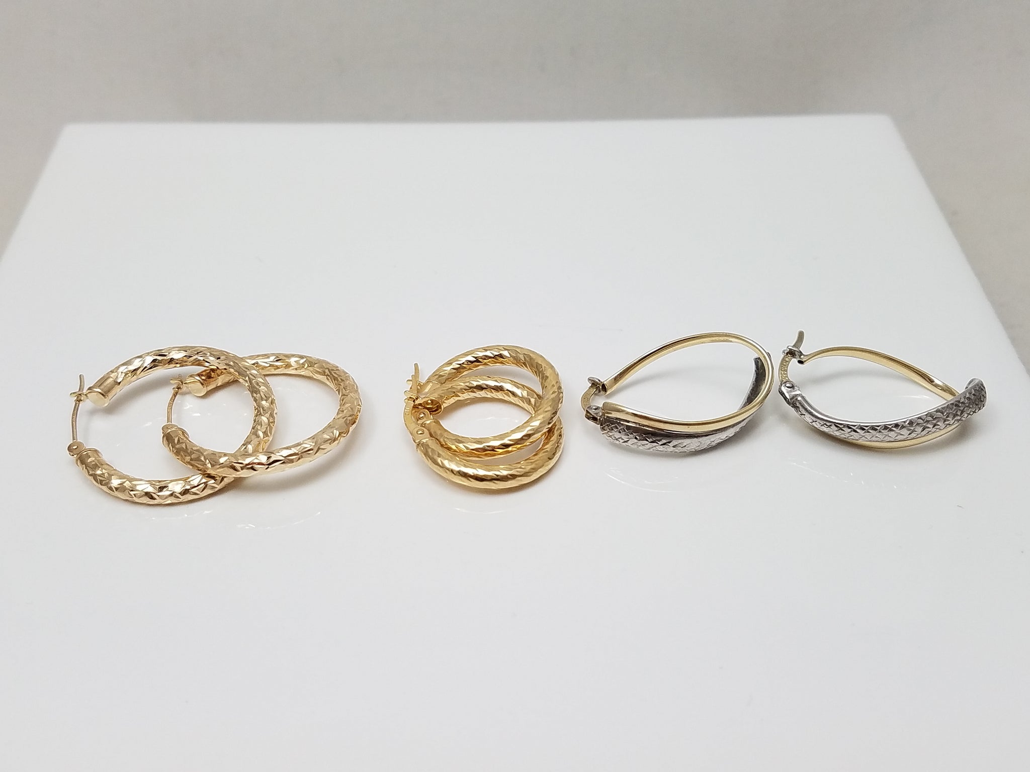3 Pairs 10k Gold Textured Hollow Hoop Earrings