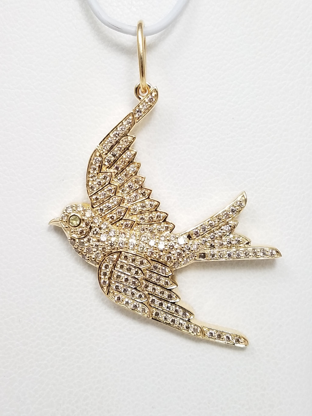 Flowing 14k Yellow Gold Natural Diamond Emerald Bird Pendant