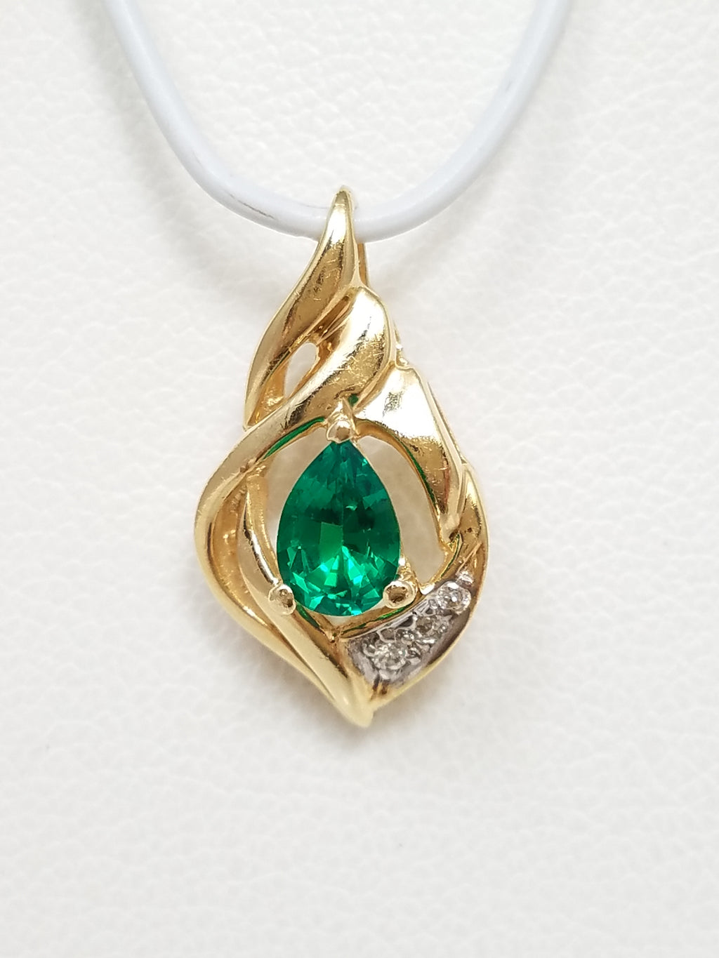 Elegant 14k Yellow Gold Lab Created Emerald Natural Diamond Pendant