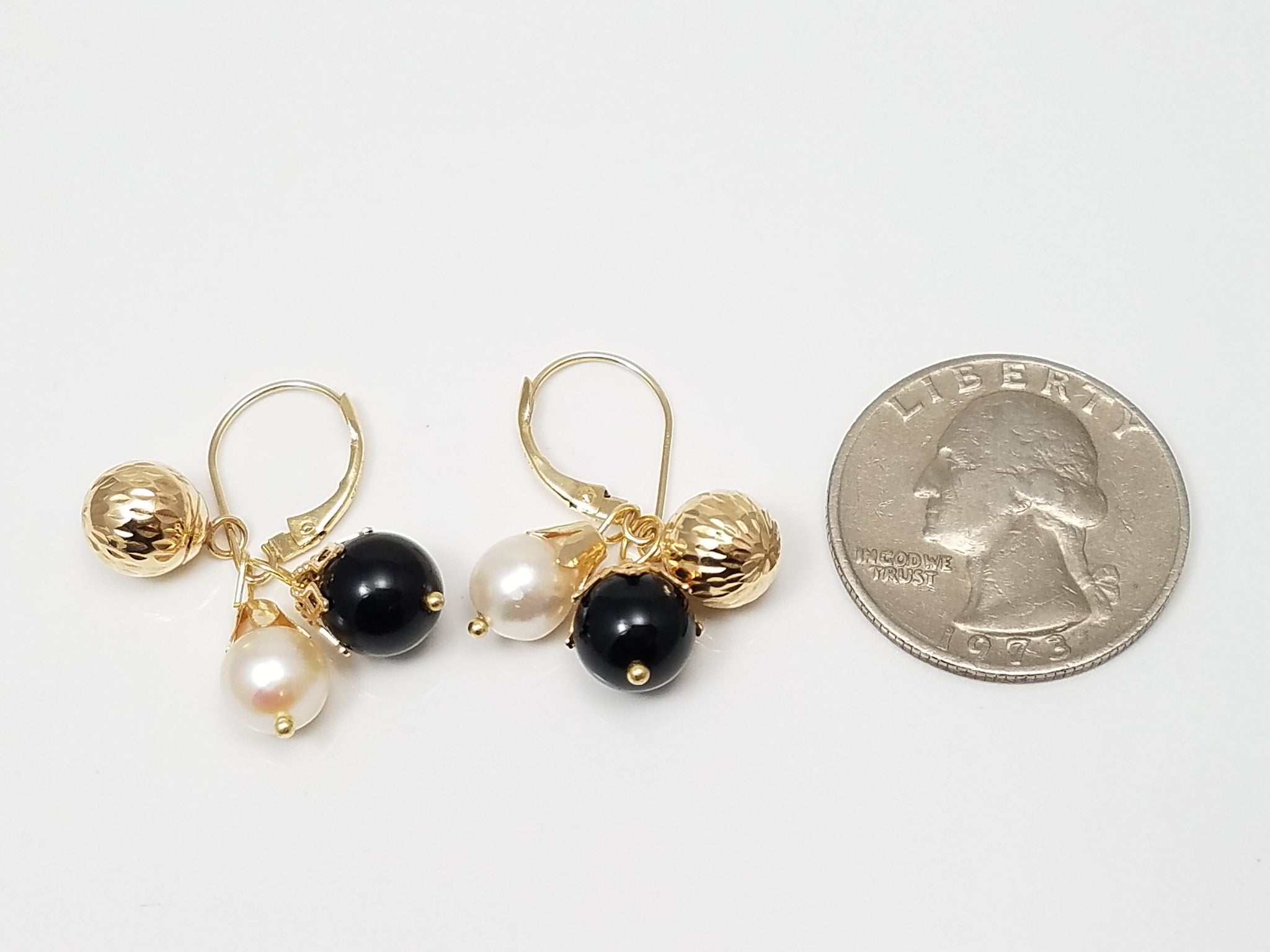 Striking 14k Yellow Gold Ball Natural Onyx Cultured Pearl Dangle Earrings