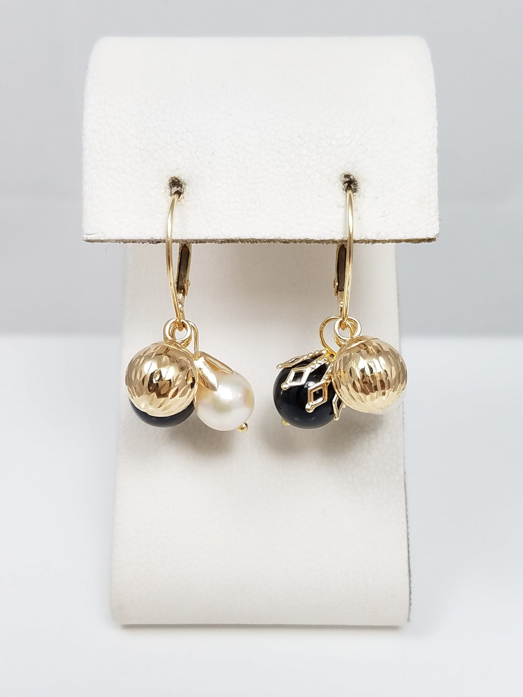 Striking 14k Yellow Gold Ball Natural Onyx Cultured Pearl Dangle Earrings