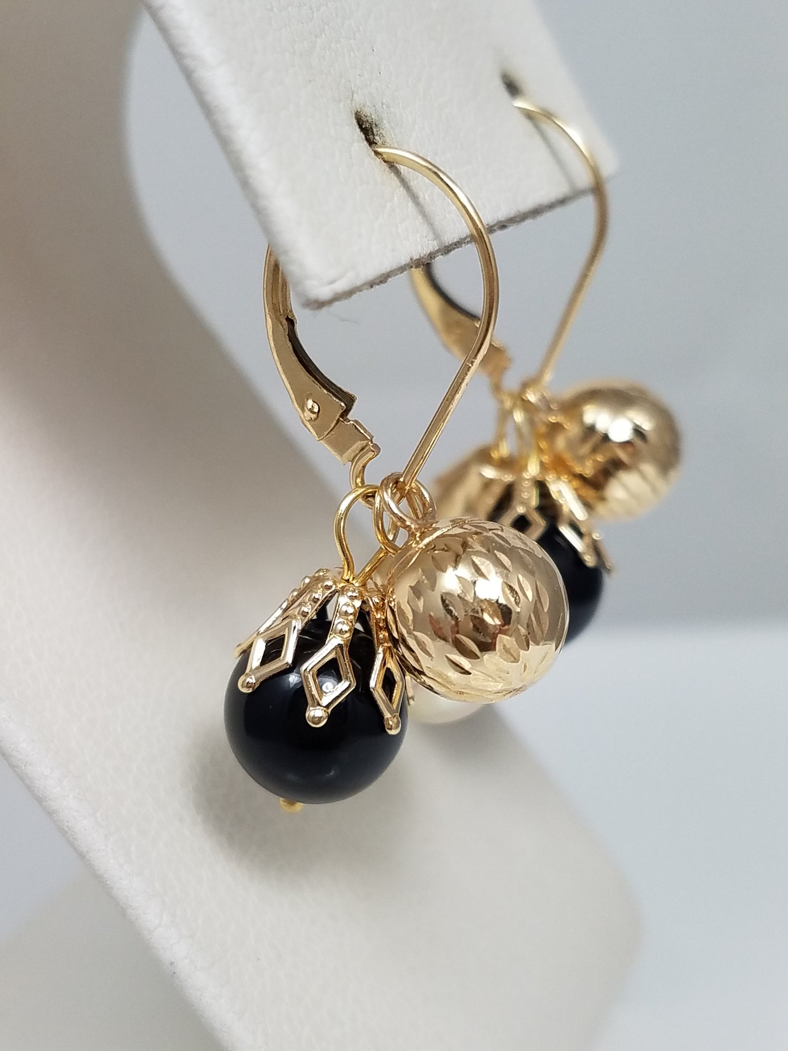 Striking 14k Yellow Gold Ball Natural Onyx Cultured Pearl Dangle Earrings