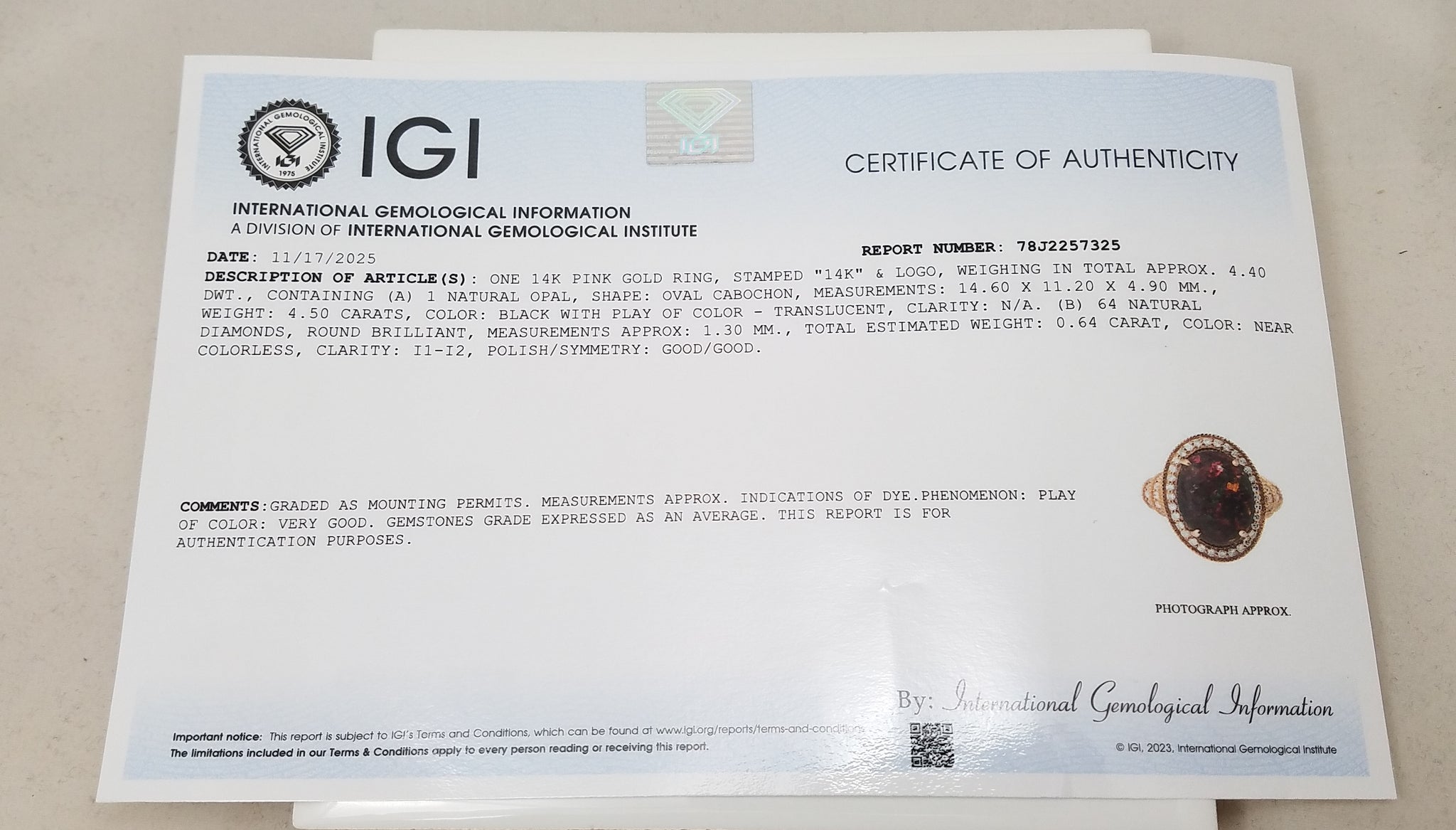 Exquisite IGI Certified 14k Rose Gold Natural Opal Diamond Custom Ring