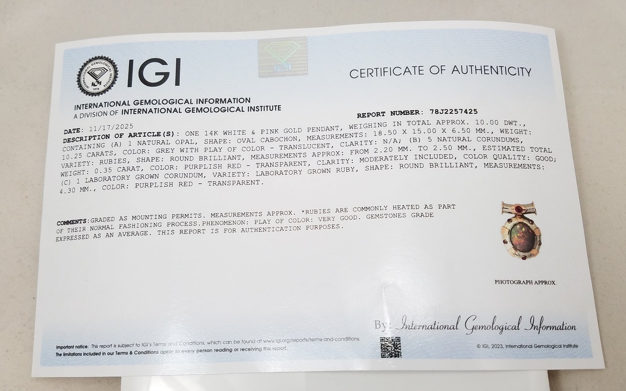 Extravagant Certified 14k Two Tone Gold Natural Australian Opal Lab Created & Natural Ruby Pendant