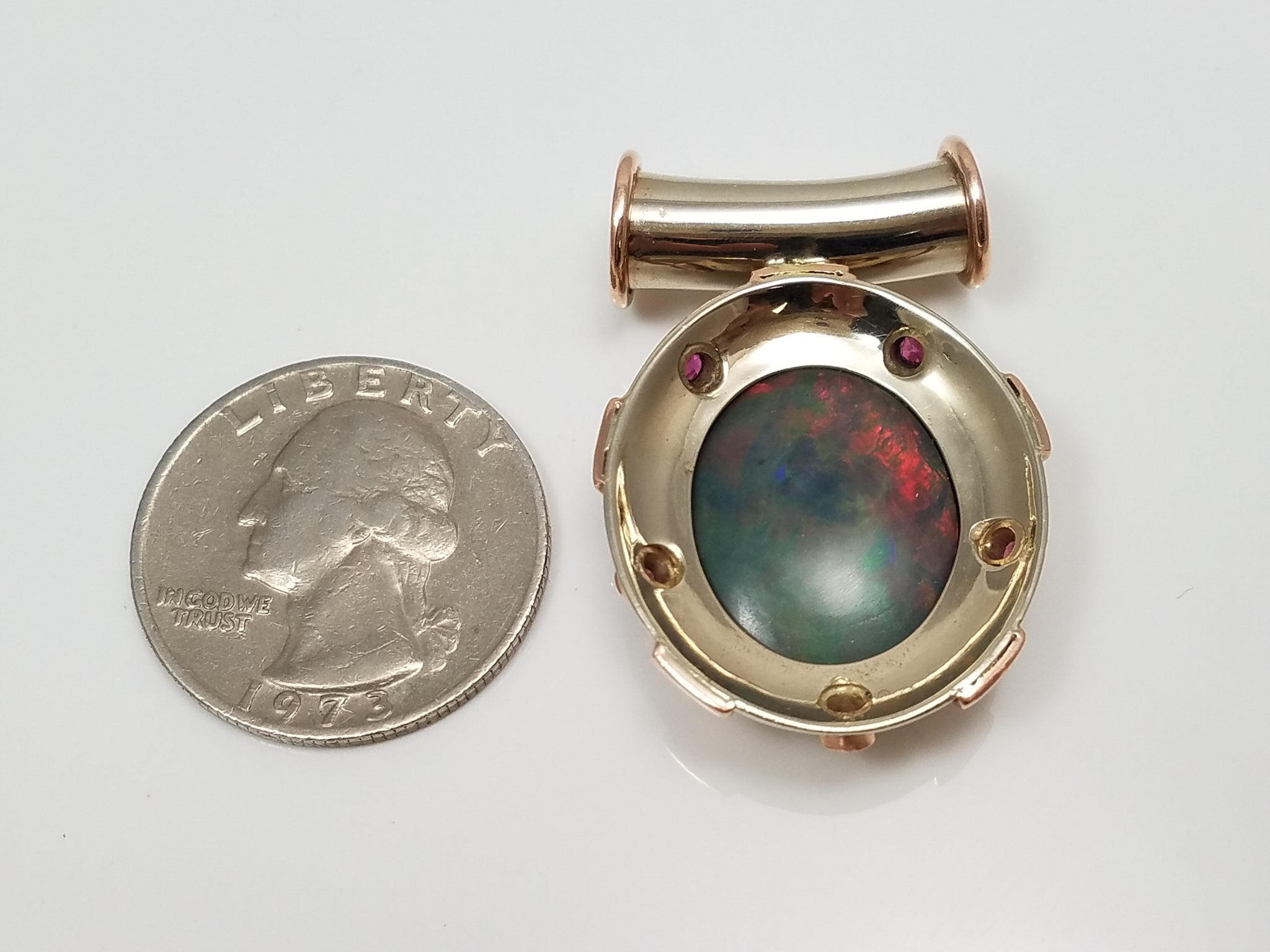 Extravagant Certified 14k Two Tone Gold Natural Australian Opal Lab Created & Natural Ruby Pendant