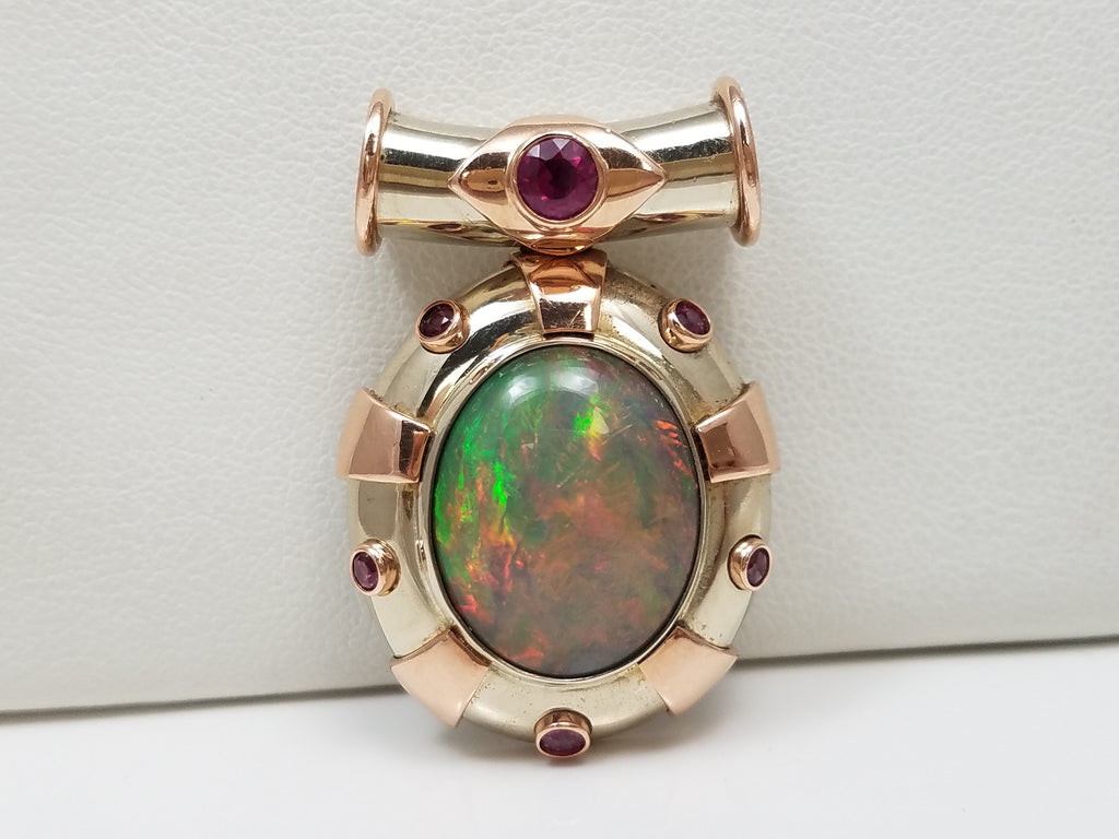 Extravagant Certified 14k Two Tone Gold Natural Australian Opal Lab Created & Natural Ruby Pendant