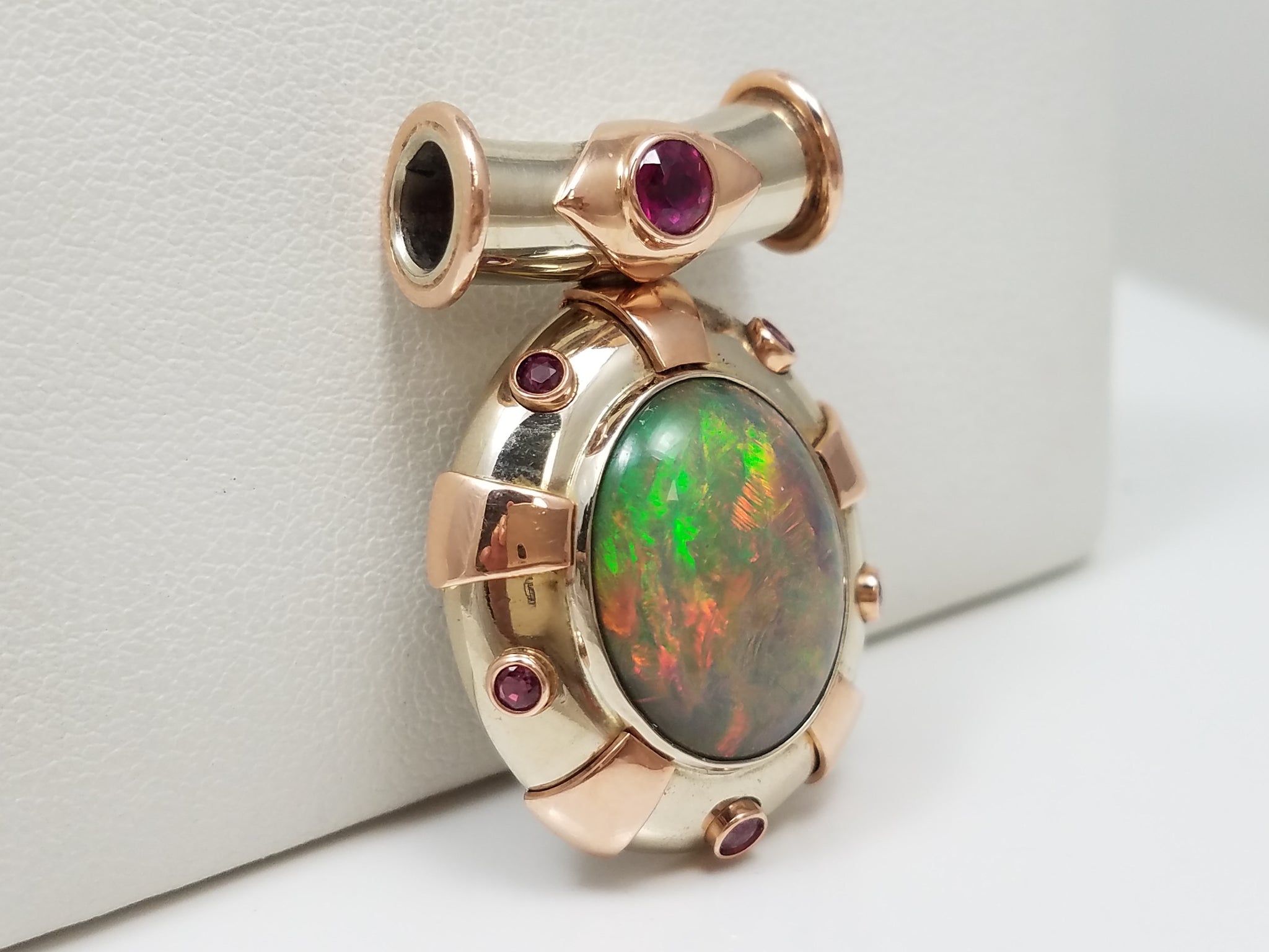 Extravagant Certified 14k Two Tone Gold Natural Australian Opal Lab Created & Natural Ruby Pendant