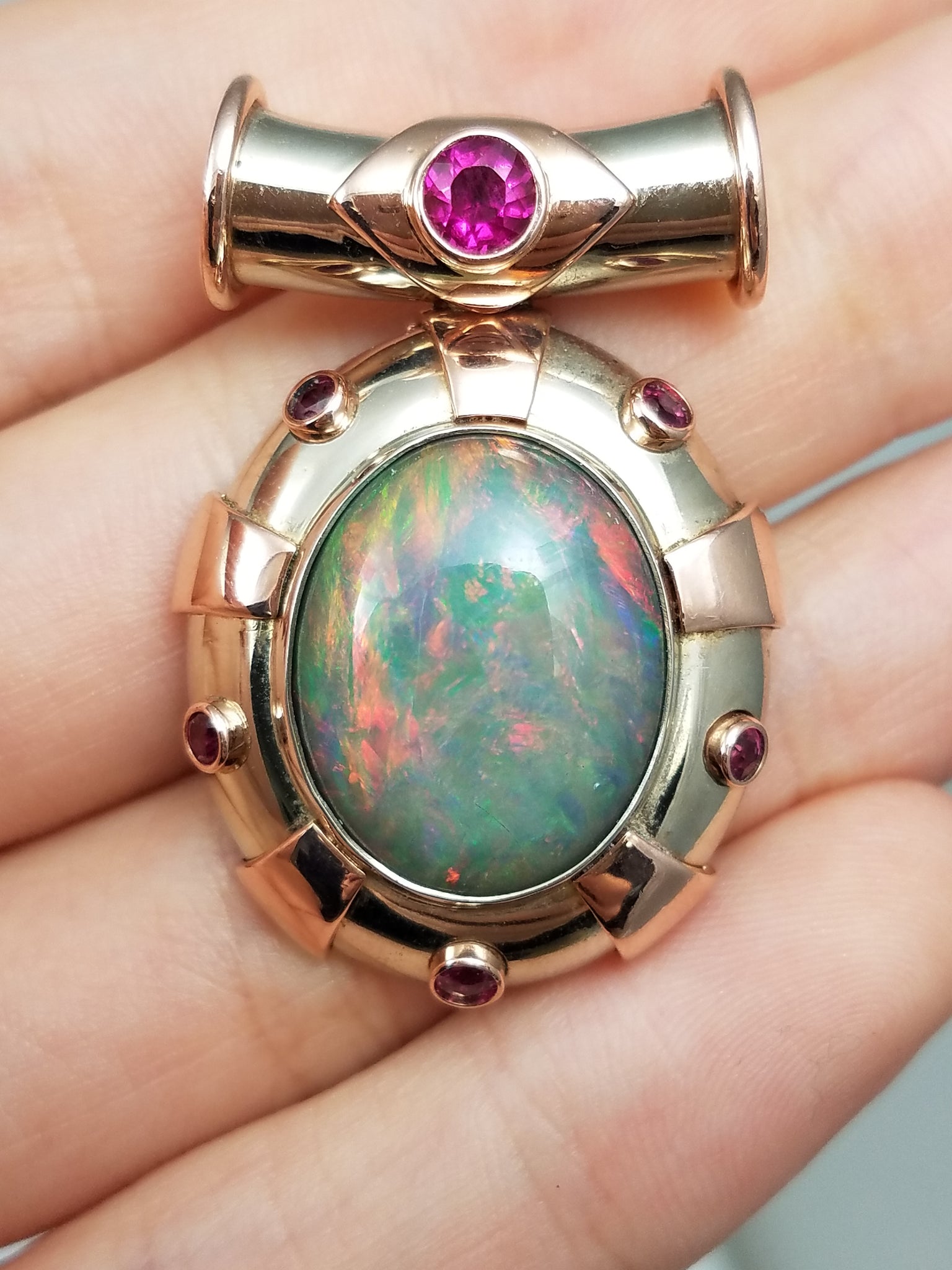 Extravagant Certified 14k Two Tone Gold Natural Australian Opal Lab Created & Natural Ruby Pendant