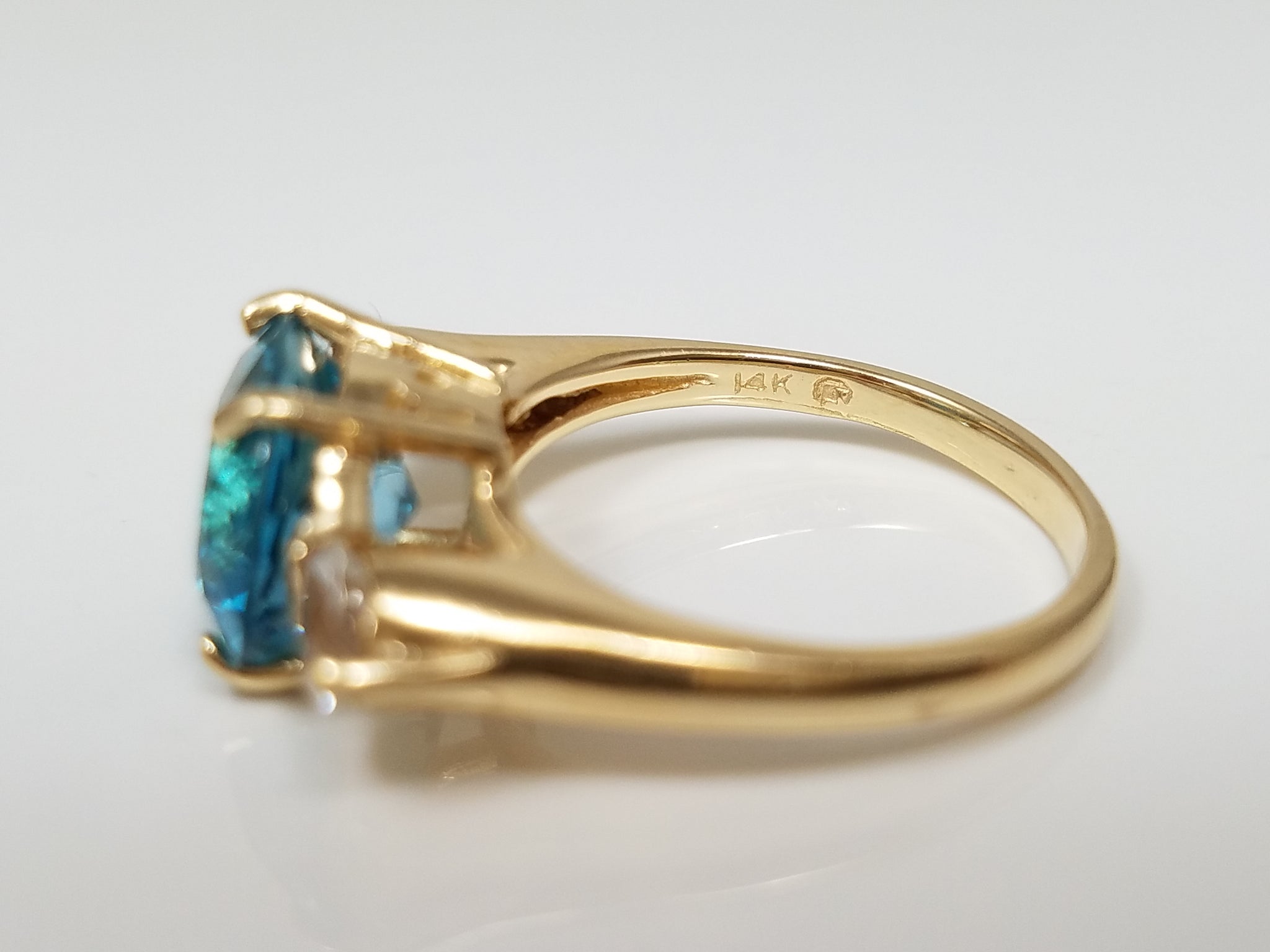 Fancy 14k Yellow Gold Blue + White Topaz 3-Stone Ring