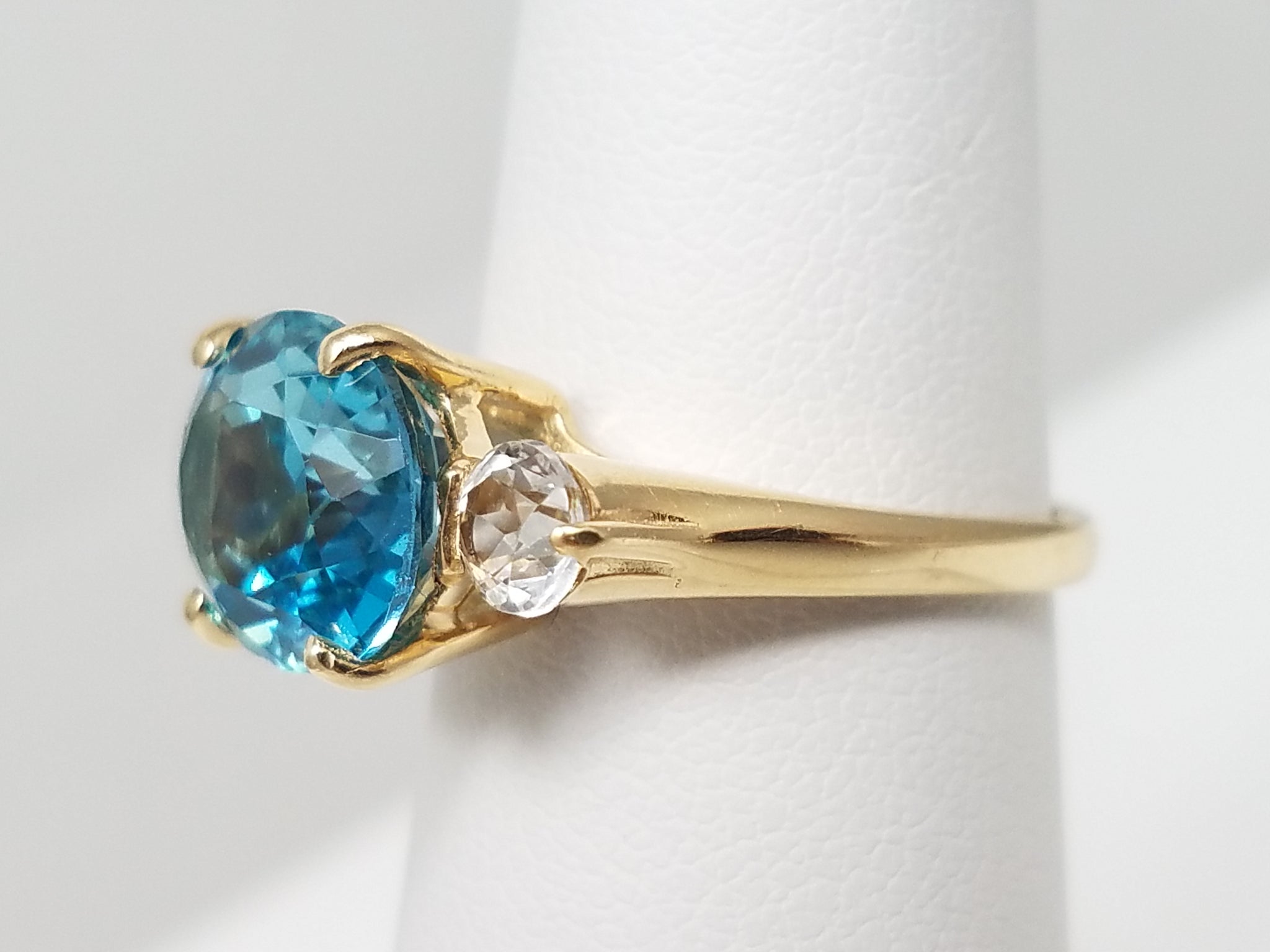 Fancy 14k Yellow Gold Blue + White Topaz 3-Stone Ring