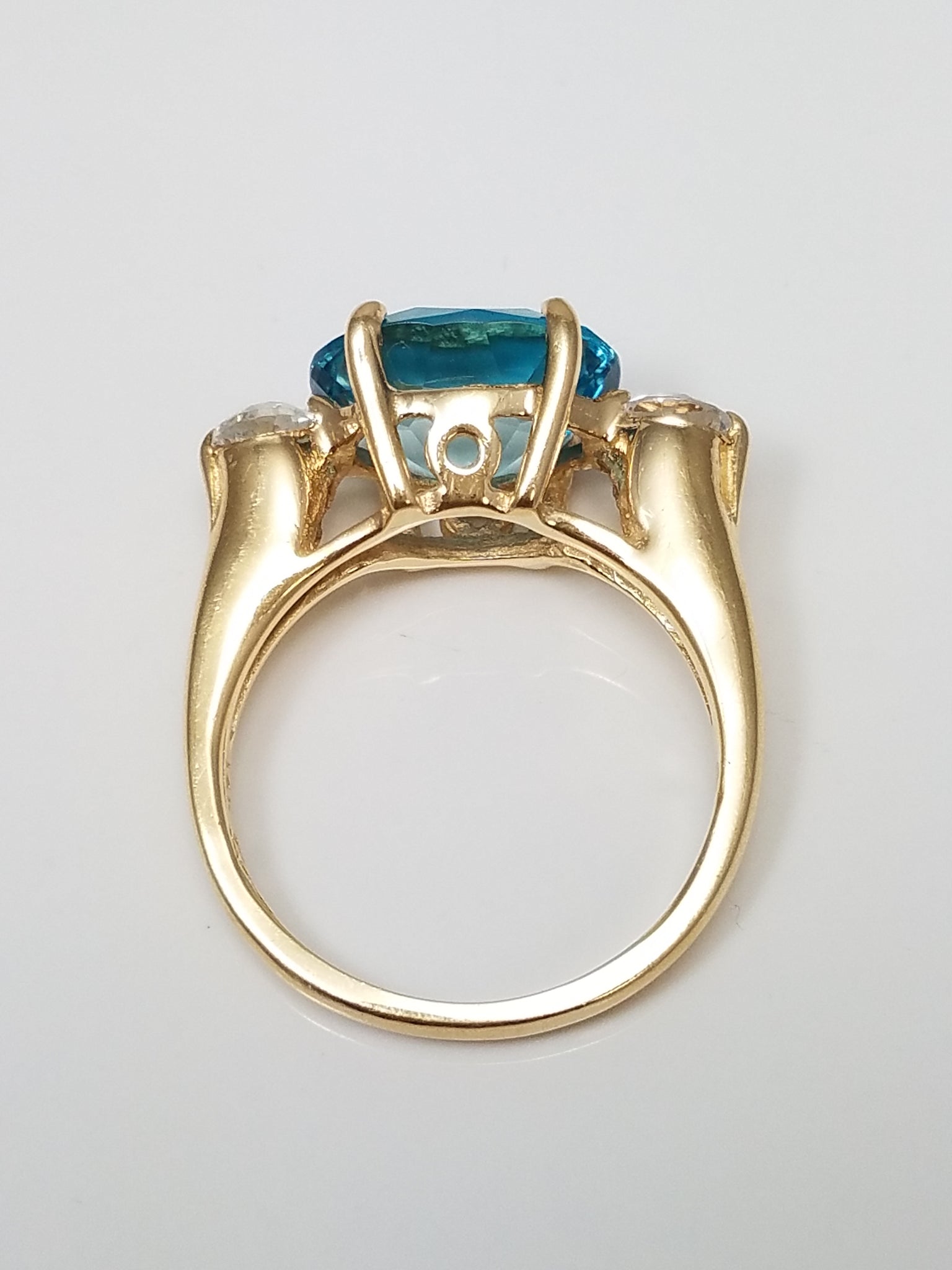 Fancy 14k Yellow Gold Blue + White Topaz 3-Stone Ring