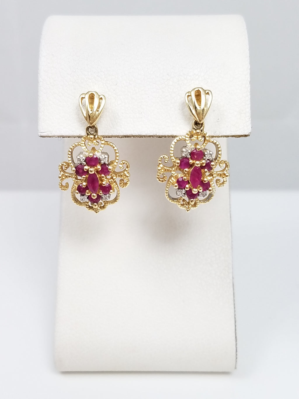 Ornate 14k Yellow Gold Natural Ruby & Diamond Dangle Earrings