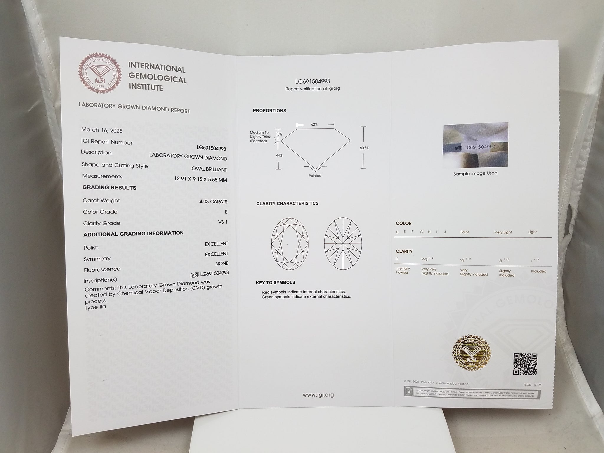 NEW IGI Certified Lab Grown 4.03ct Oval Brilliant Cut Diamond VS1/ E