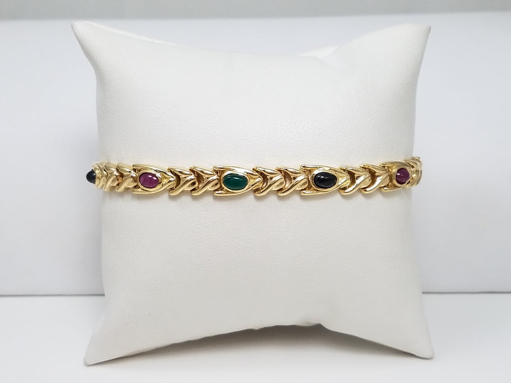 Delightful Natural Ruby, Sapphire, &amp; Green Agate 14k Yellow Gold 7.5" Italian Bracelet
