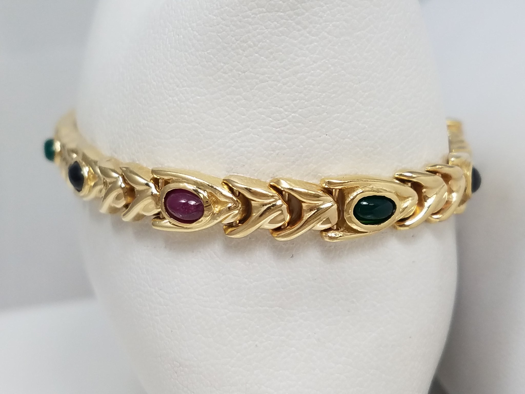 Delightful Natural Ruby, Sapphire, &amp; Green Agate 14k Yellow Gold 7.5" Italian Bracelet