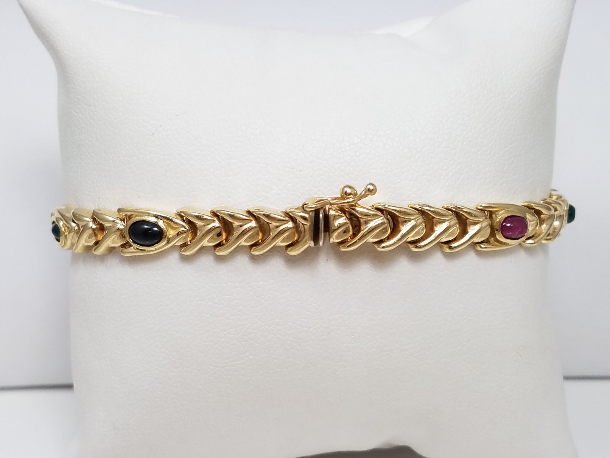 Delightful Natural Ruby, Sapphire, &amp; Green Agate 14k Yellow Gold 7.5" Italian Bracelet