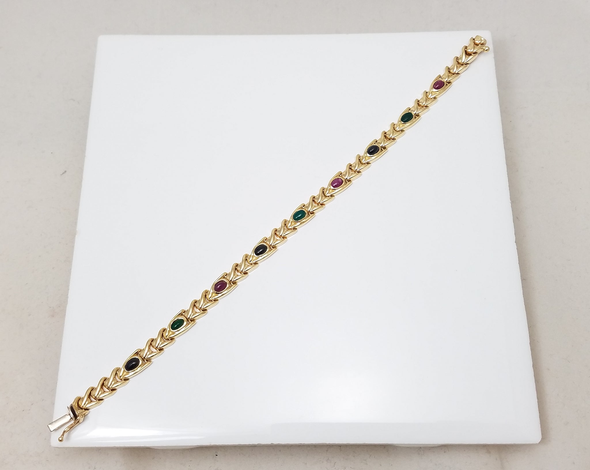 Delightful Natural Ruby, Sapphire, &amp; Green Agate 14k Yellow Gold 7.5" Italian Bracelet