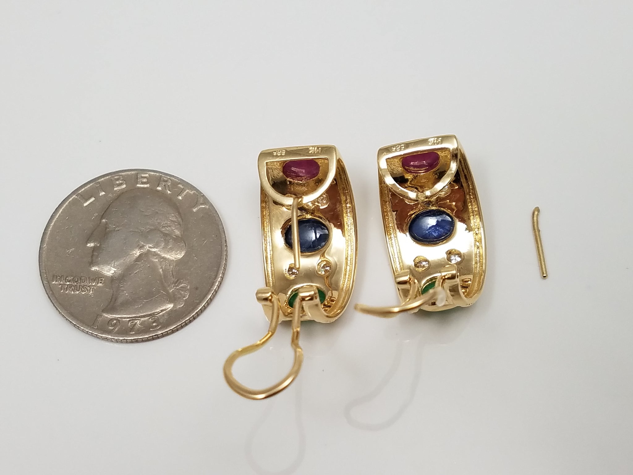 Elegant 14k Yellow Gold Natural Emerald, Ruby, Sapphire, & Natural Diamond Earrings