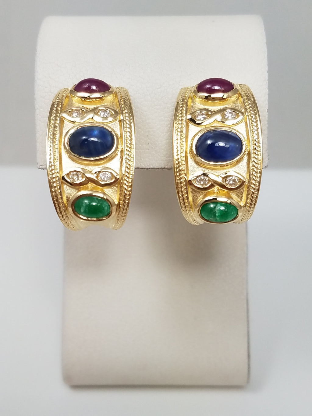 Elegant 14k Yellow Gold Natural Emerald, Ruby, Sapphire, & Natural Diamond Earrings