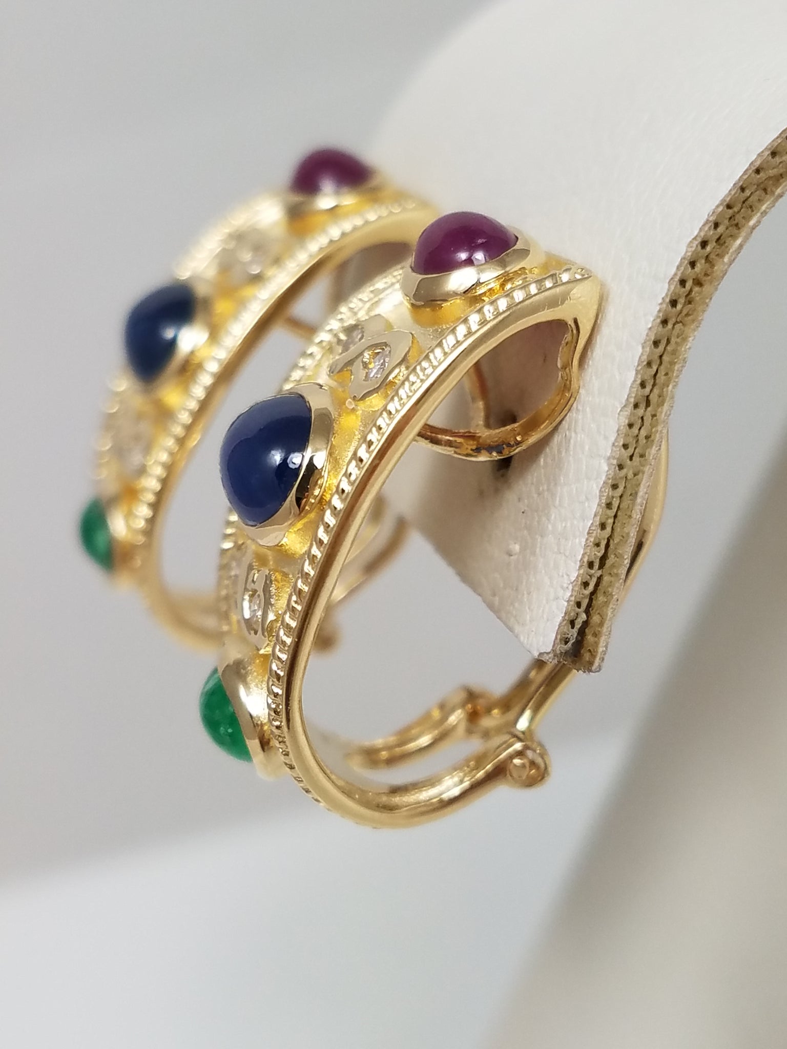 Elegant 14k Yellow Gold Natural Emerald, Ruby, Sapphire, & Natural Diamond Earrings