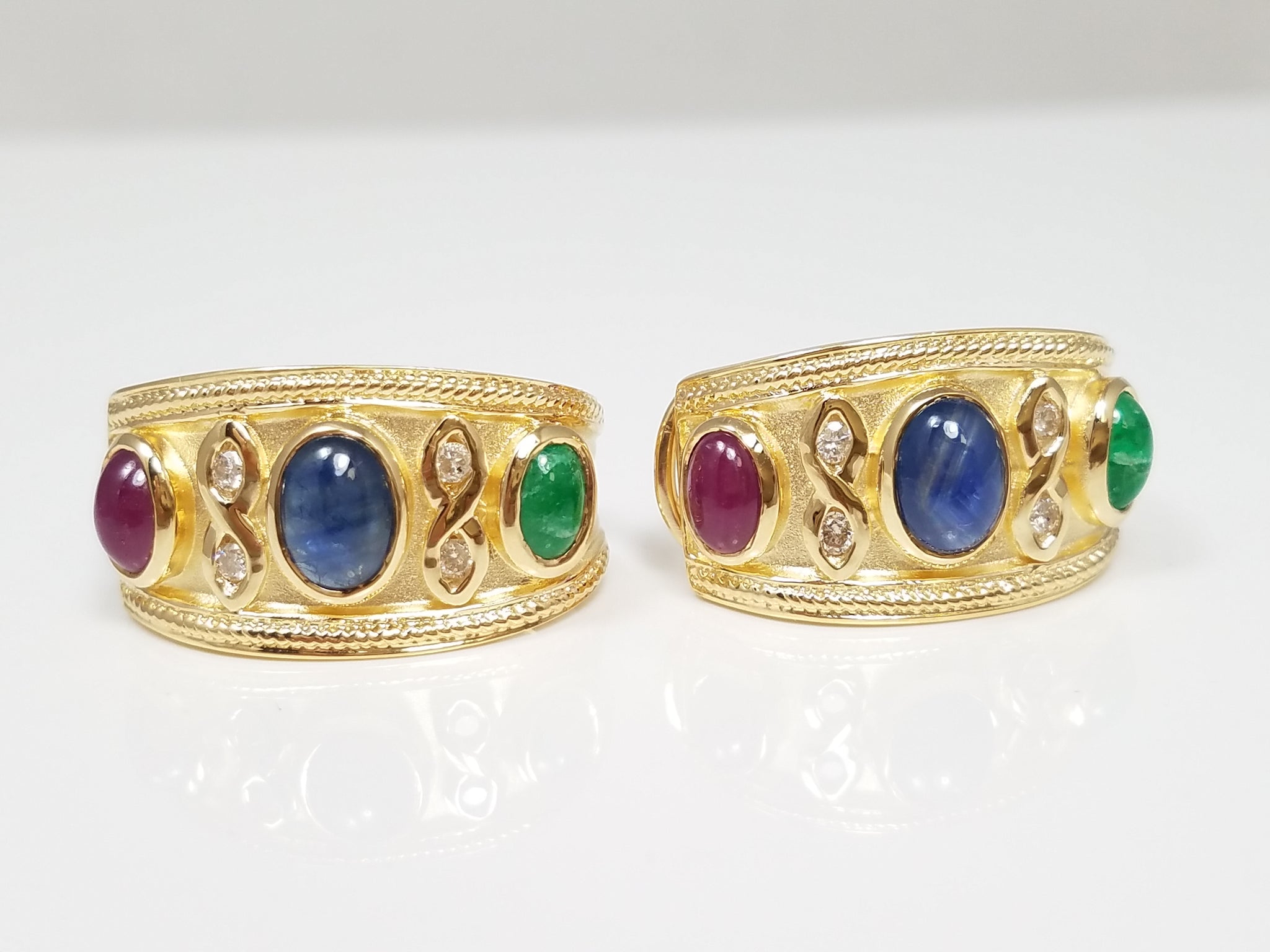 Elegant 14k Yellow Gold Natural Emerald, Ruby, Sapphire, & Natural Diamond Earrings