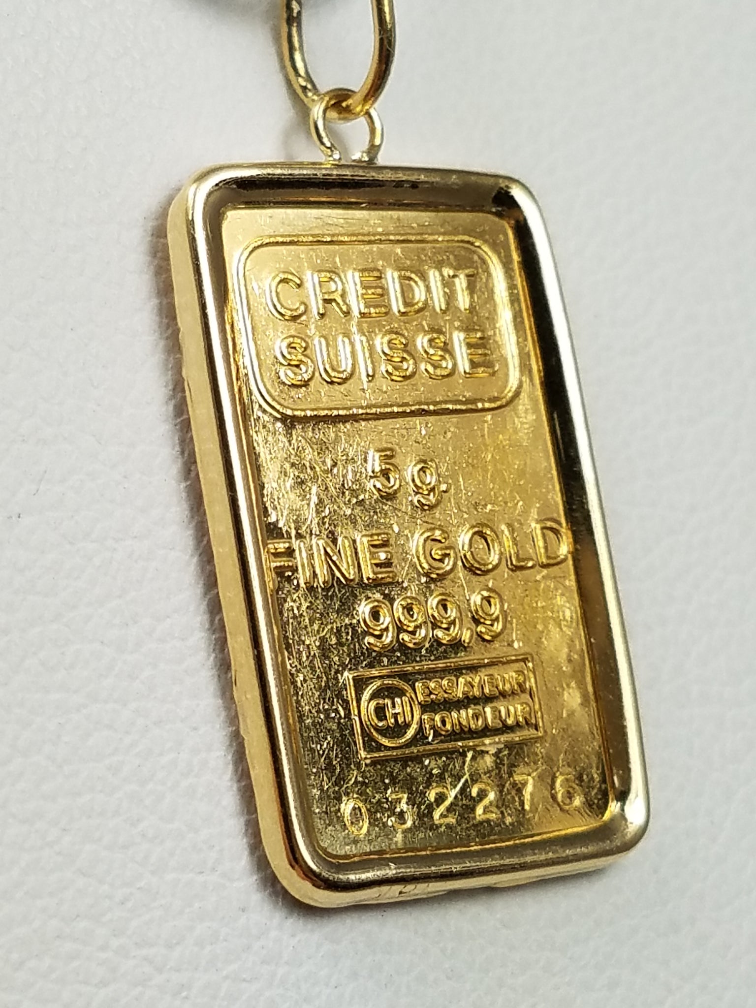 Credit Suisse 5g .999 Gold Bar 18k Yellow Gold Pendant