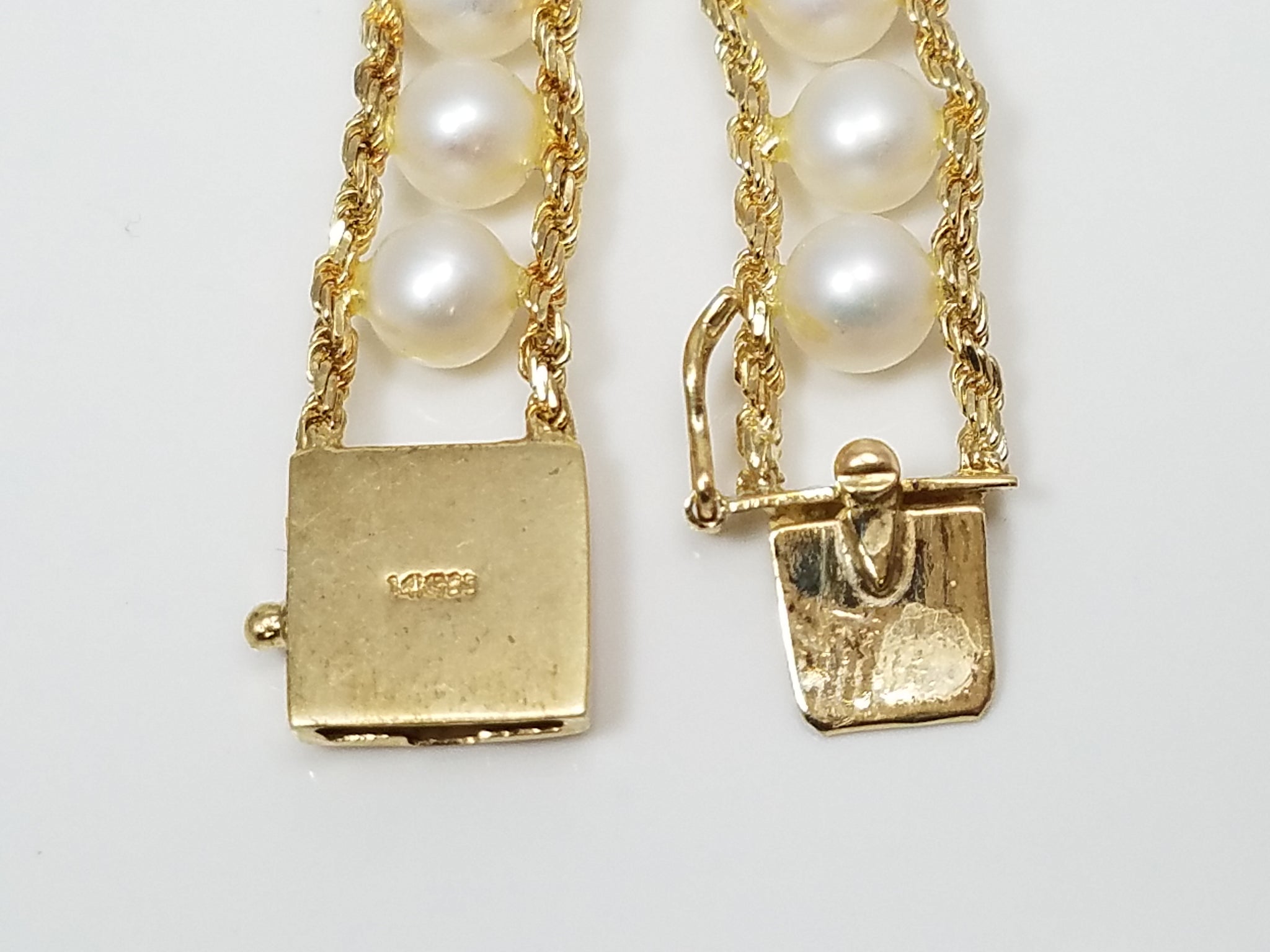 14k Yellow Gold Rope Chain Cultured Pearl 8" Bracelet