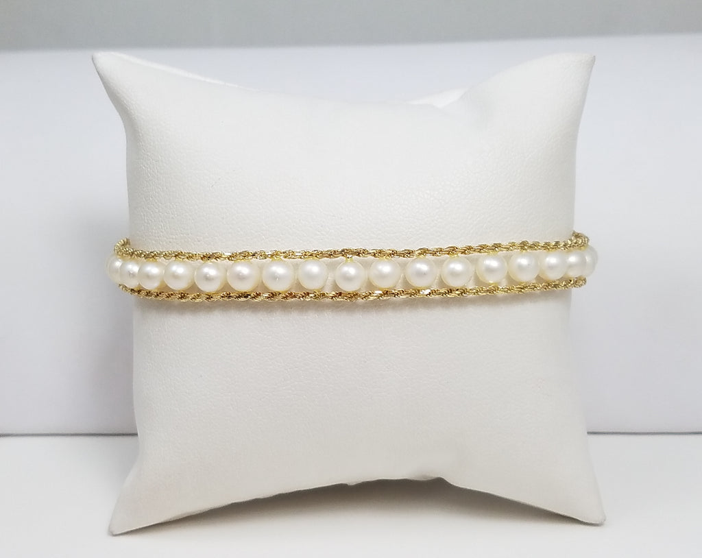 14k Yellow Gold Rope Chain Cultured Pearl 8" Bracelet