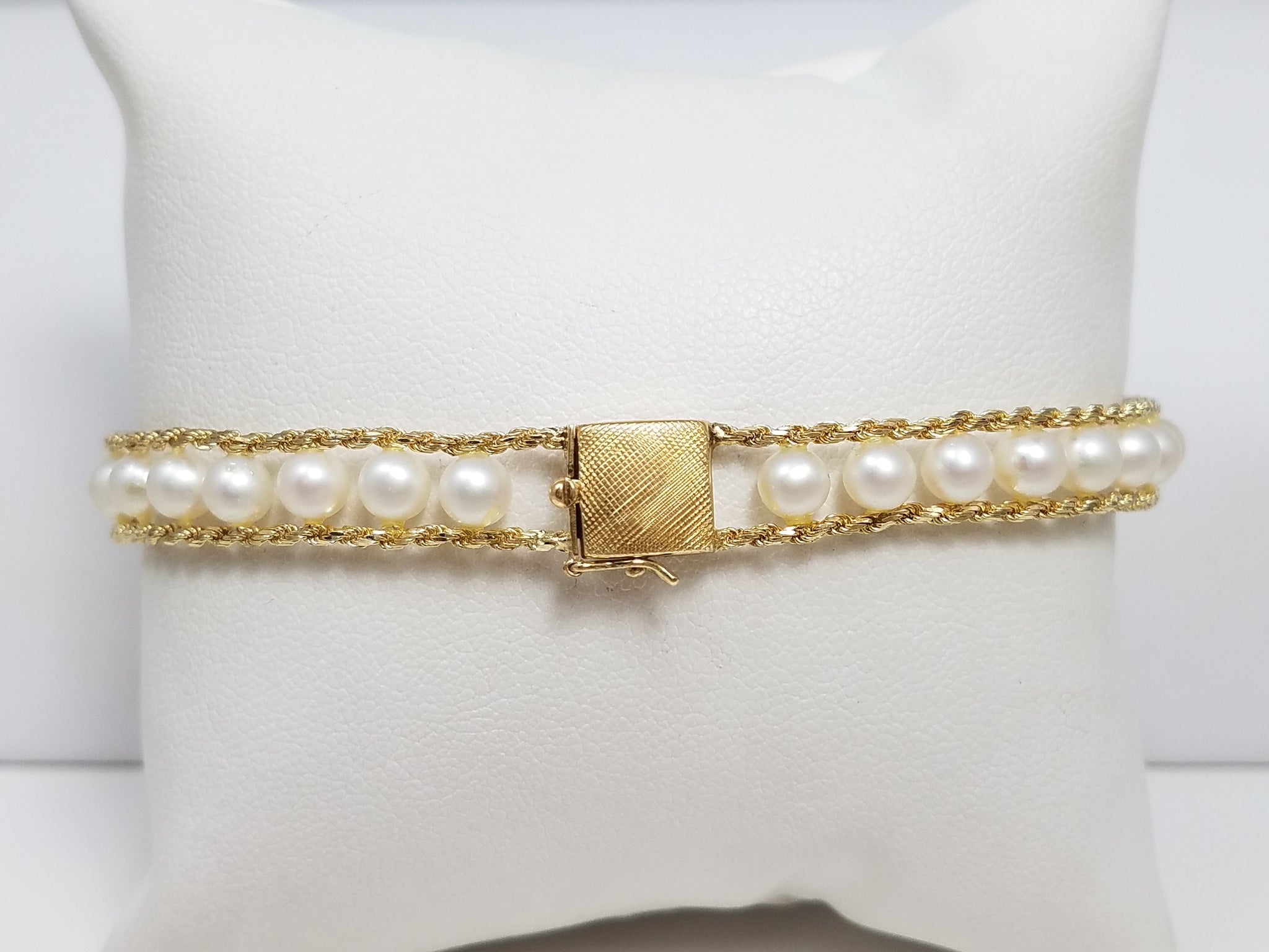 14k Yellow Gold Rope Chain Cultured Pearl 8" Bracelet