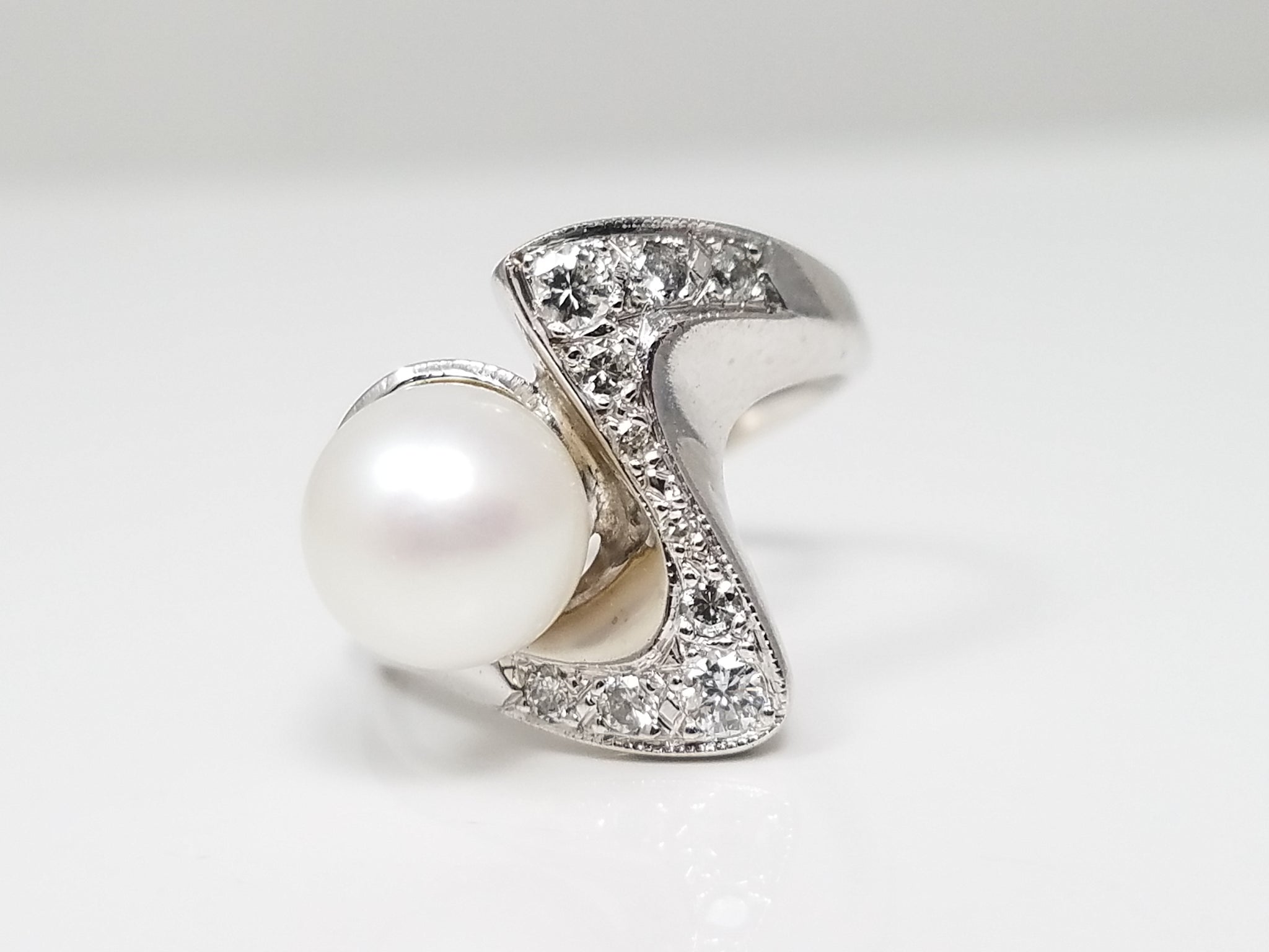 Cultured Pearl Natural Diamond 14k White Gold Ring
