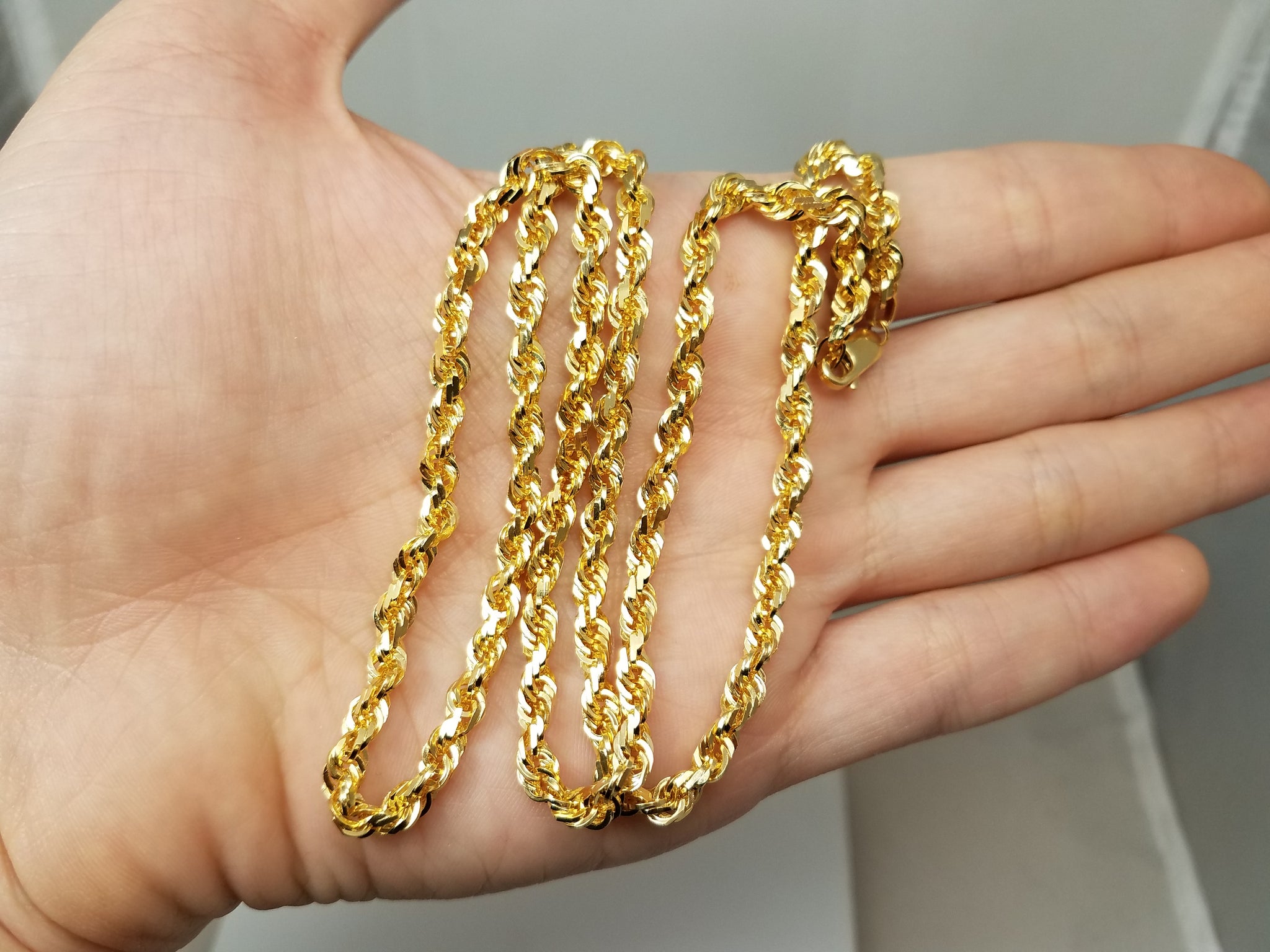 Glowing 10k Yellow Gold Solid Diamond Cut Rope 22" Necklace