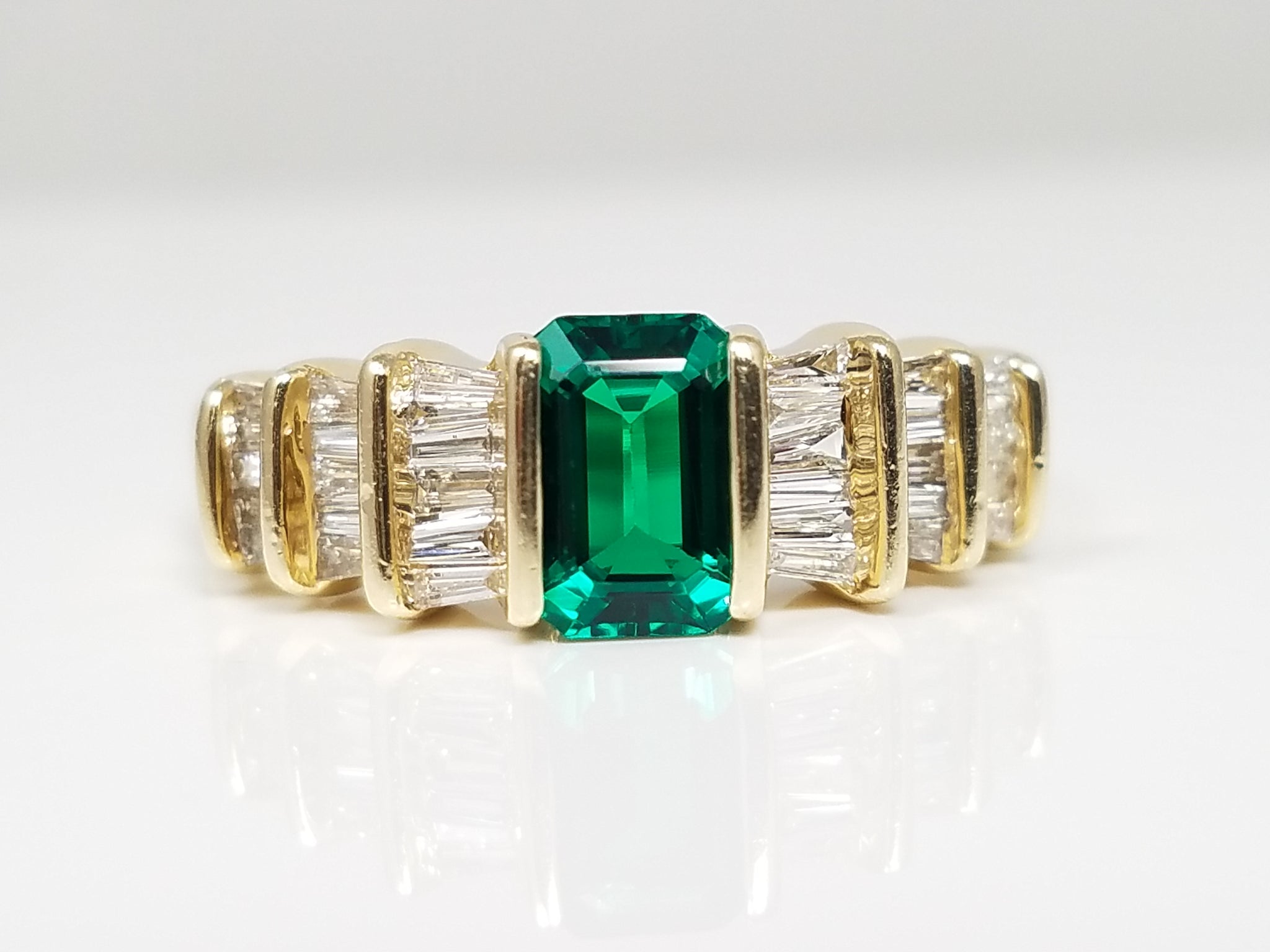 Magical 14k Yellow Gold Lab Created Emerald Natural Diamond Ring