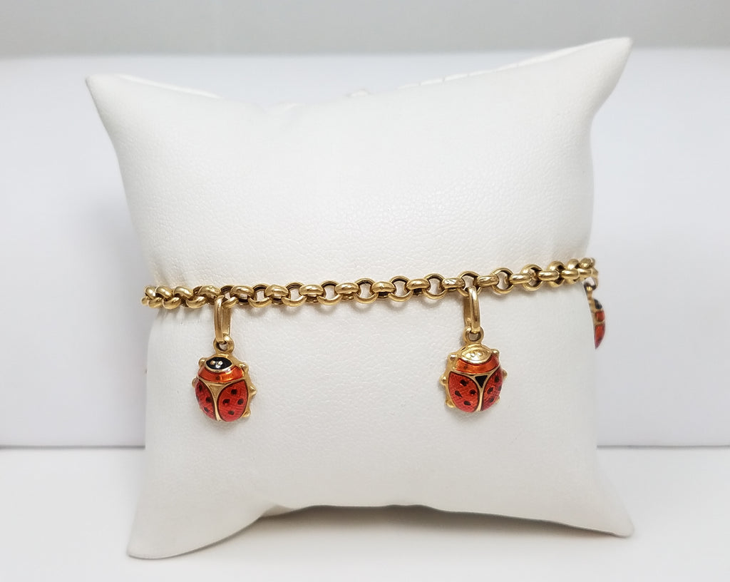 Precious 7.25" 14k Yellow Gold Enamel Lady Bug Bracelet