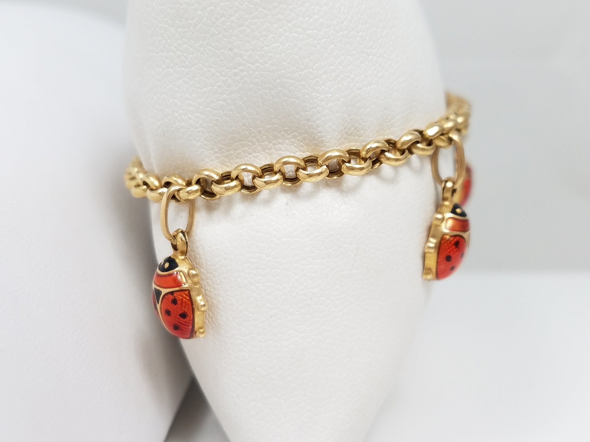 Precious 7.25" 14k Yellow Gold Enamel Lady Bug Bracelet
