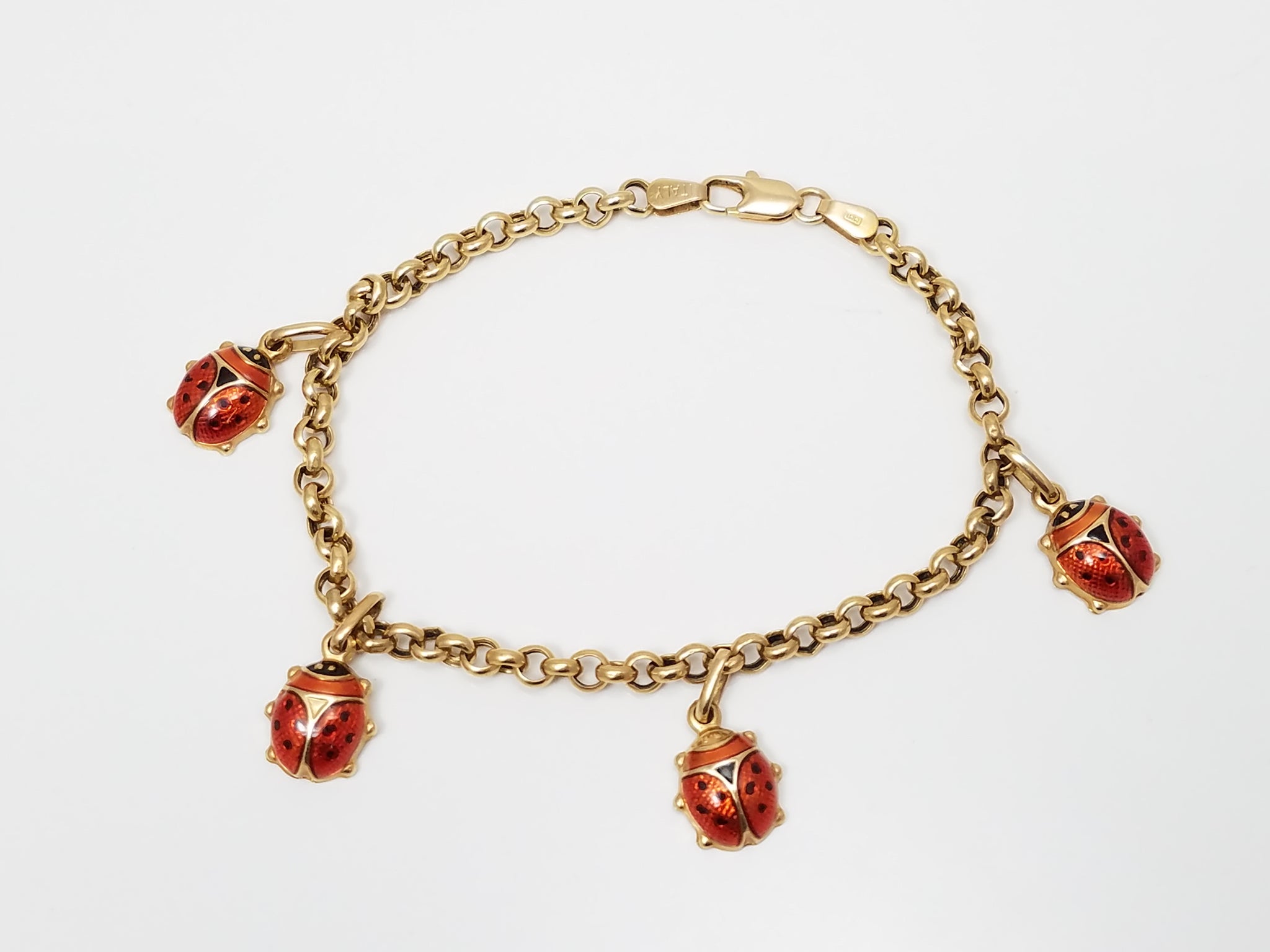 Precious 7.25" 14k Yellow Gold Enamel Lady Bug Bracelet